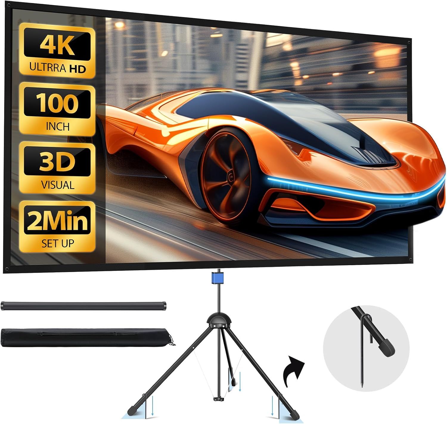 Shows the complete projector screen product with its included tripod stand and carrying case, demonstrating what the buyer will receive. Highlights key product specifications and benefits through…