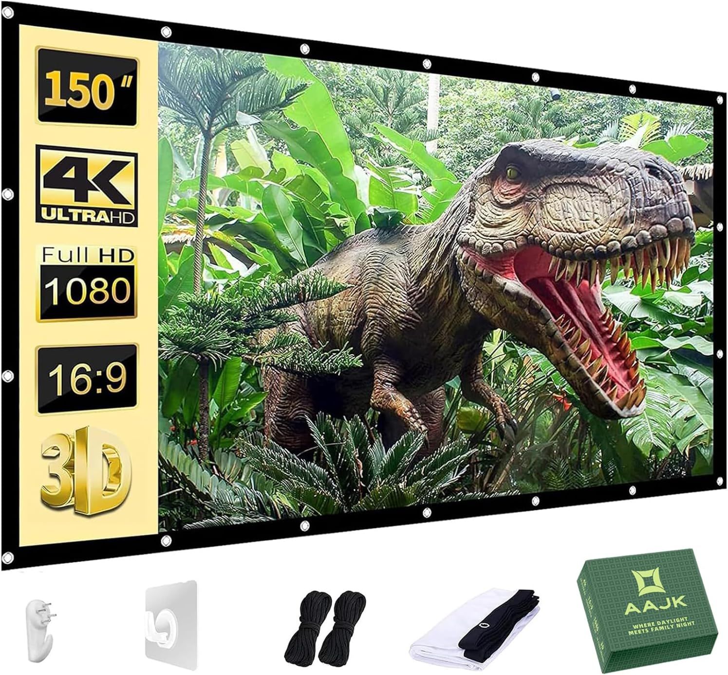 Displays the core product—a large 150-inch projector screen—showing its size, quality, and included mounting accessories to help shoppers visualize the complete package. Shows all included…