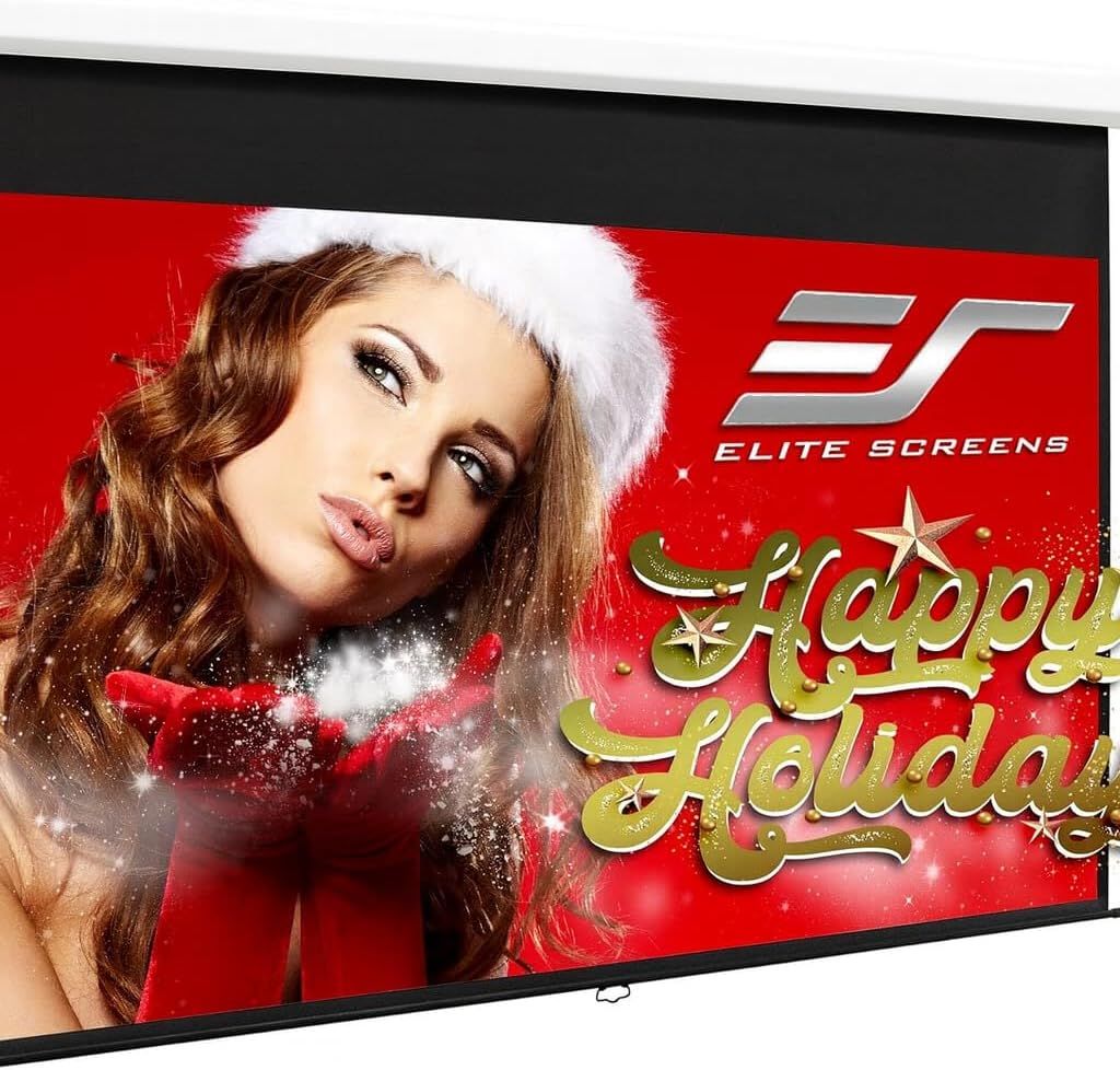 Shows the core product, a projection screen by Elite Screens, displaying its large viewing surface and frame to communicate its primary function as a display device. Uses festive holiday imagery…