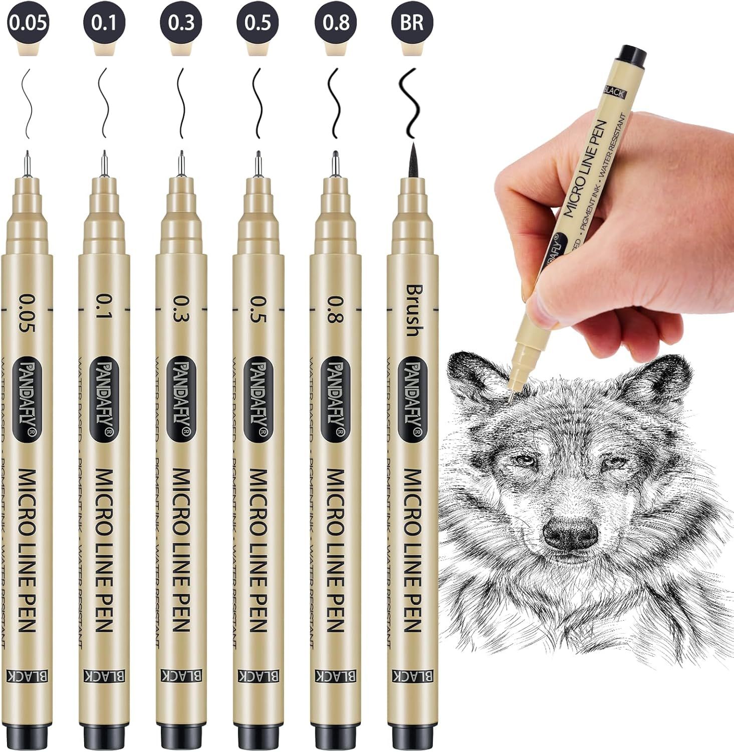 Shows the complete set of micro line pens with different tip sizes (0.05 to Brush) to communicate the variety and precision options available for detailed drawing and illustration work. Demonstrates…