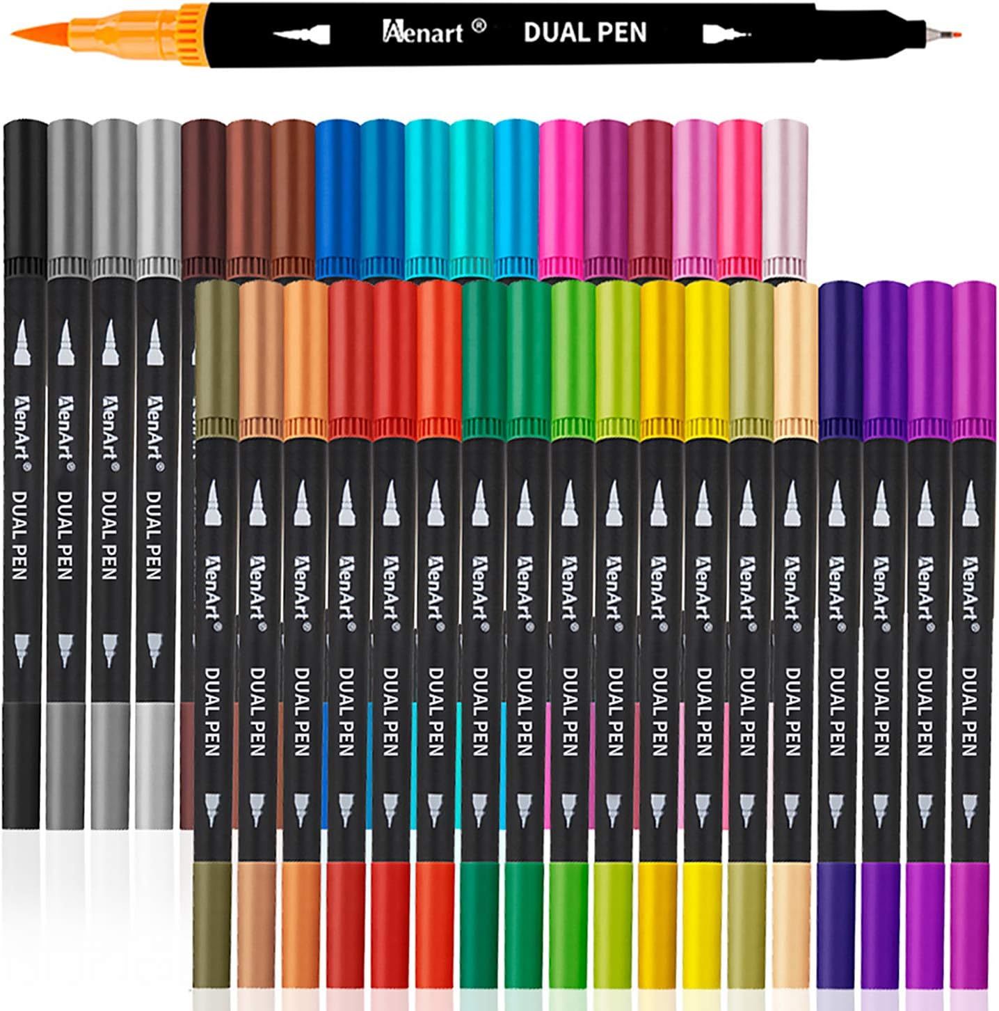 Showcases the complete set of dual-tip markers in a wide range of colors, demonstrating the variety and versatility available to the buyer for art and design projects. Displays the extensive color…