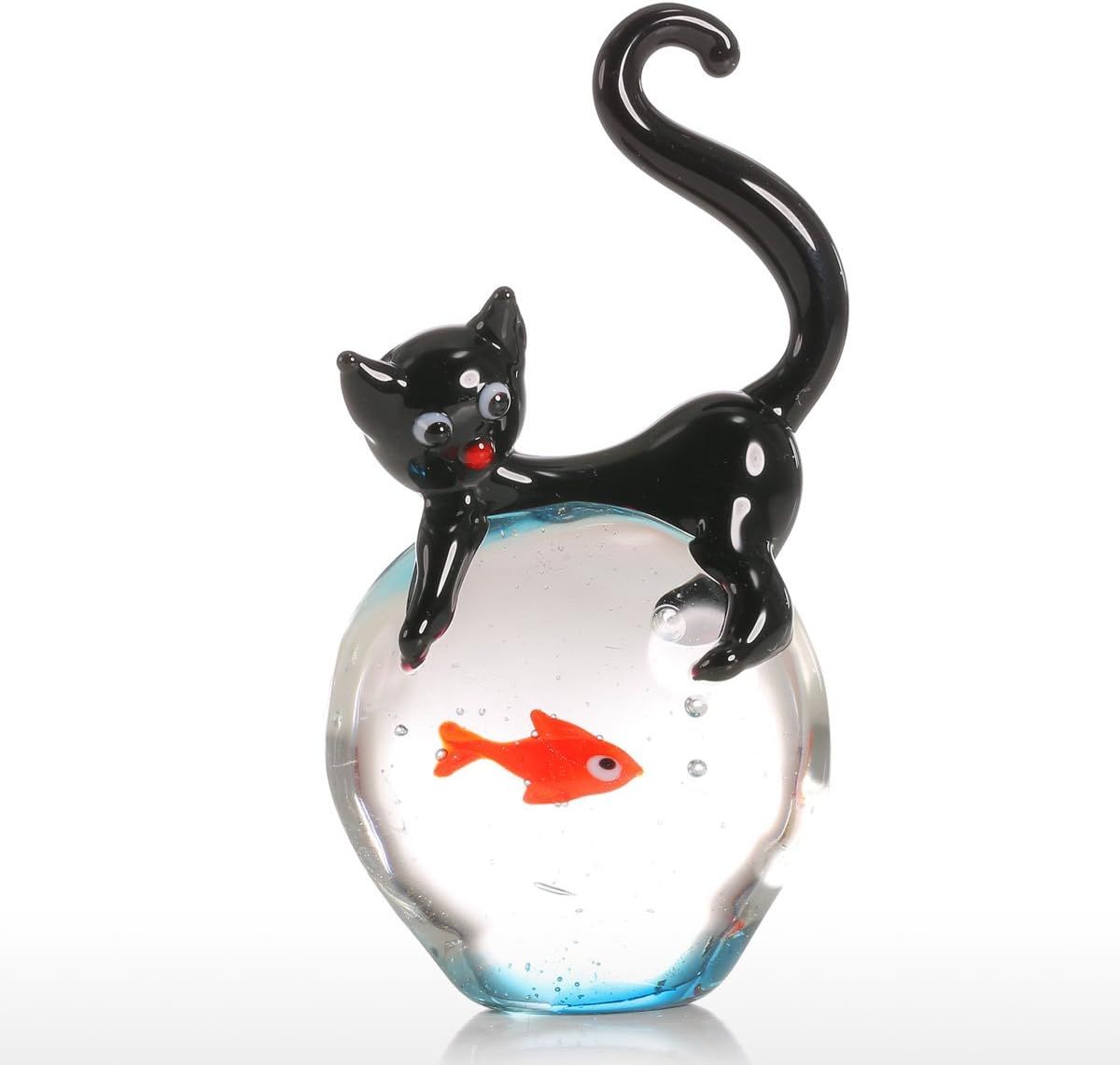 Displays the core product, a decorative glass figurine featuring a black cat perched on a glass sphere with an embedded orange fish, showcasing its artistic design and craftsmanship.