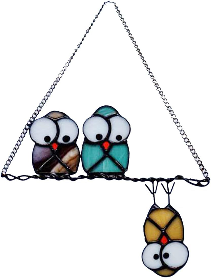 Multicolor Owls on a Wire High Stained Glass Suncatcher Panel