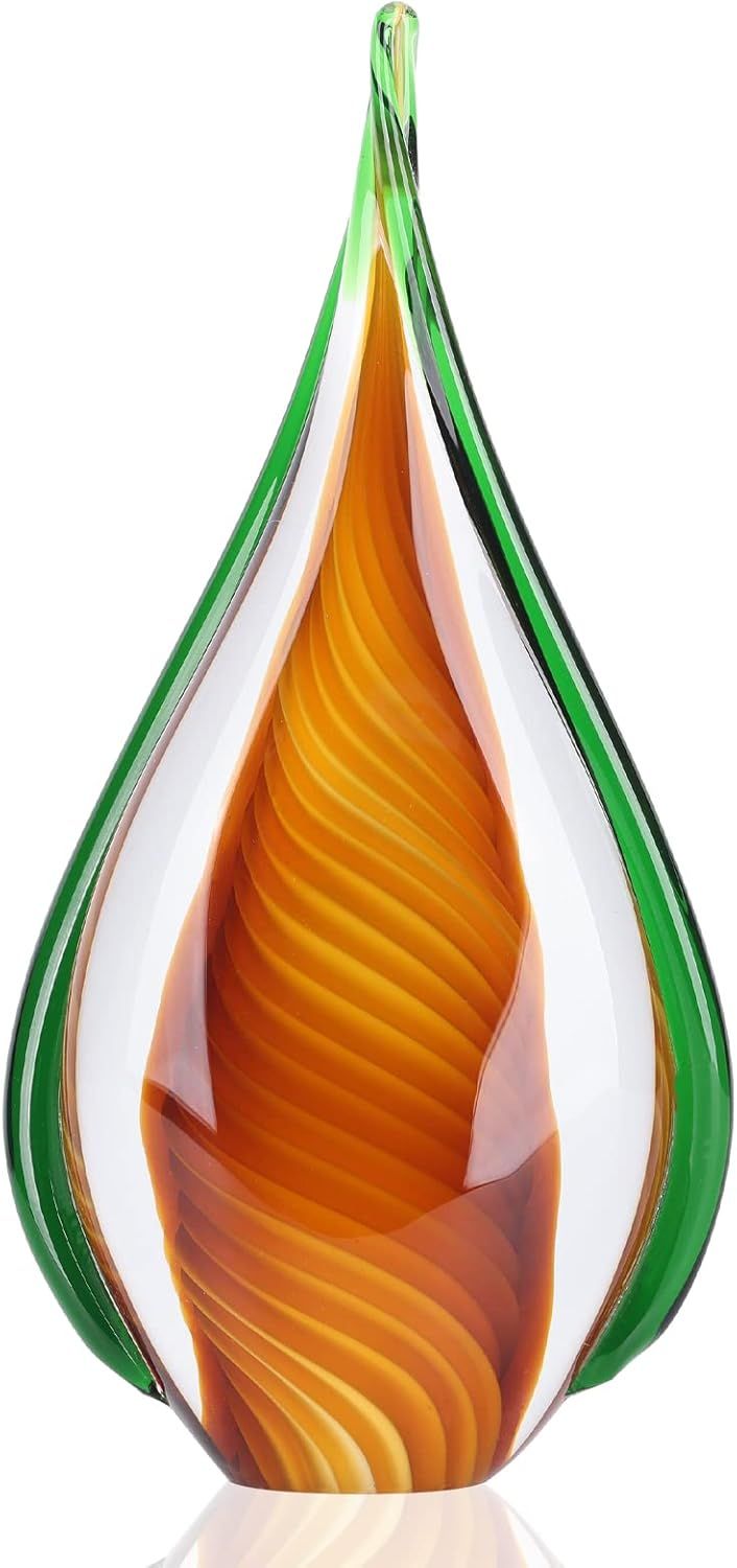 Displays the core product, a handcrafted glass art piece with distinctive orange and green swirled design, allowing shoppers to see the craftsmanship and aesthetic appeal.
