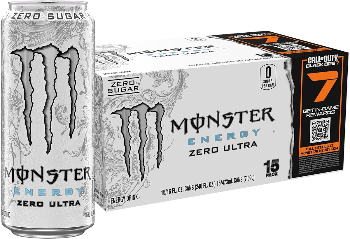 Shows the core sellable product - a 15-pack of Monster Energy Zero Ultra drinks - with both individual can and retail packaging clearly visible to communicate…