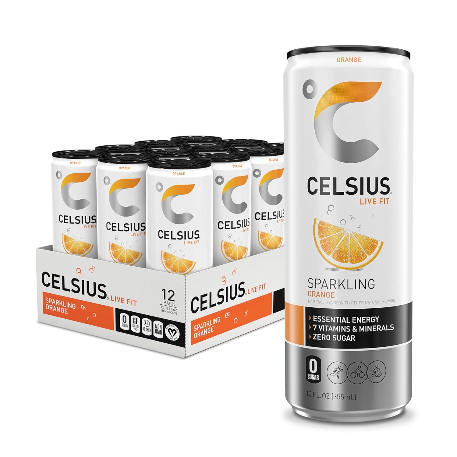 Shows the core sellable product as a 12-pack of Celsius energy drinks in orange flavor, displaying both the retail box and individual cans to communicate what…