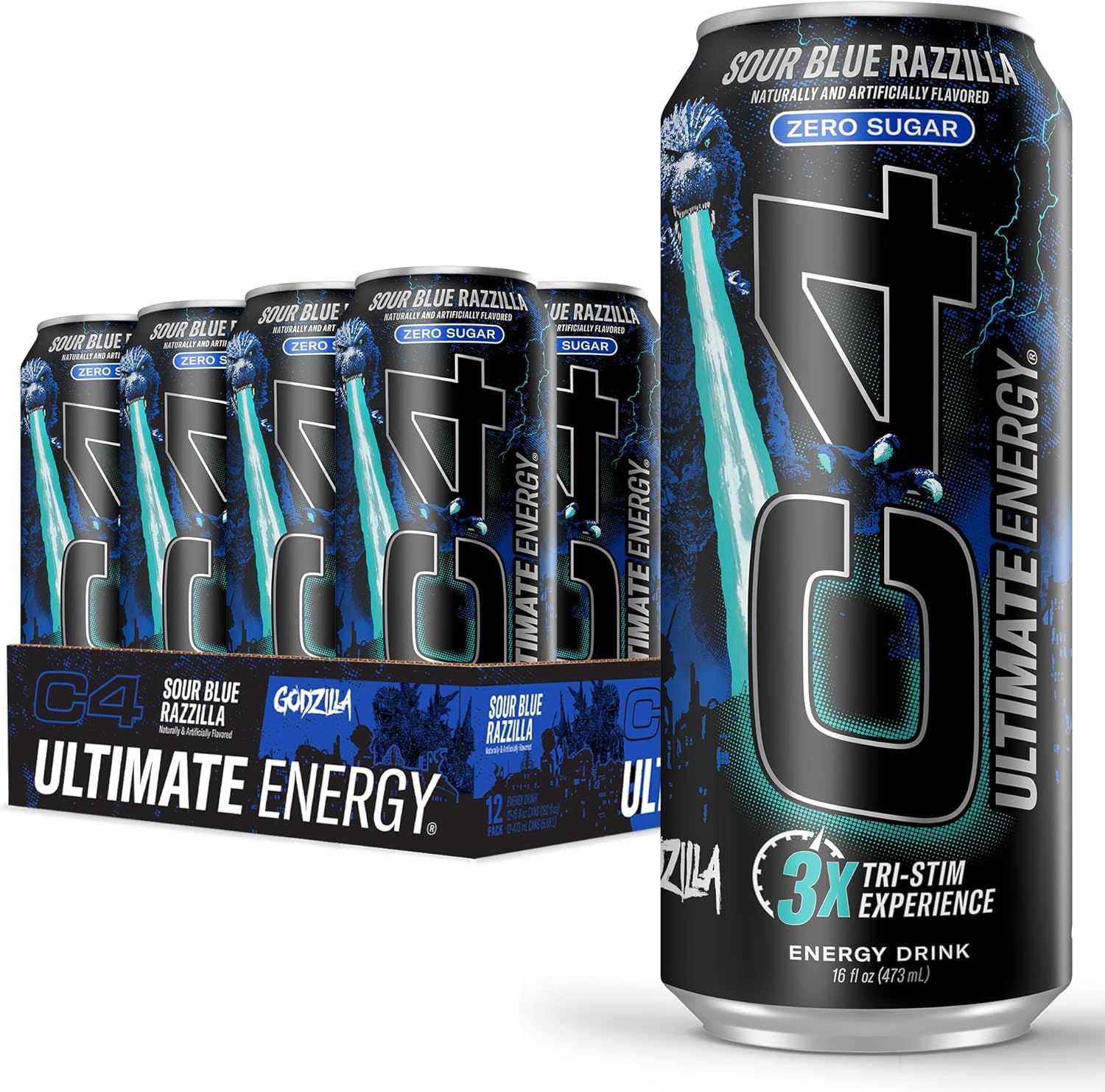 Shows the C4 Ultimate Energy drink in both individual can detail and 12-pack format to communicate the product offering and key features like Zero Sugar and…