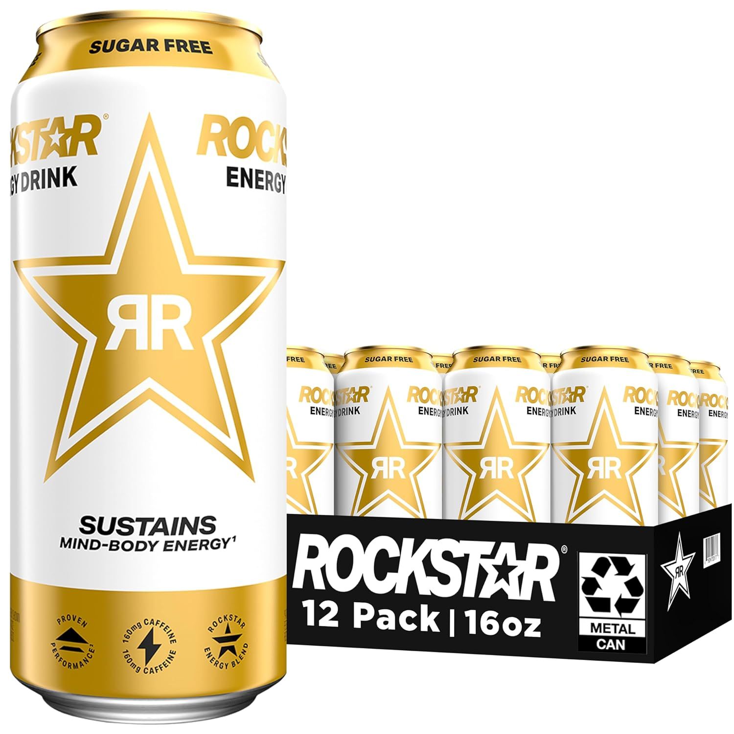 Displays the core sellable product—a 12-pack of Rockstar Energy Drink sugar-free cans—showing both individual can design and the full retail pack to…