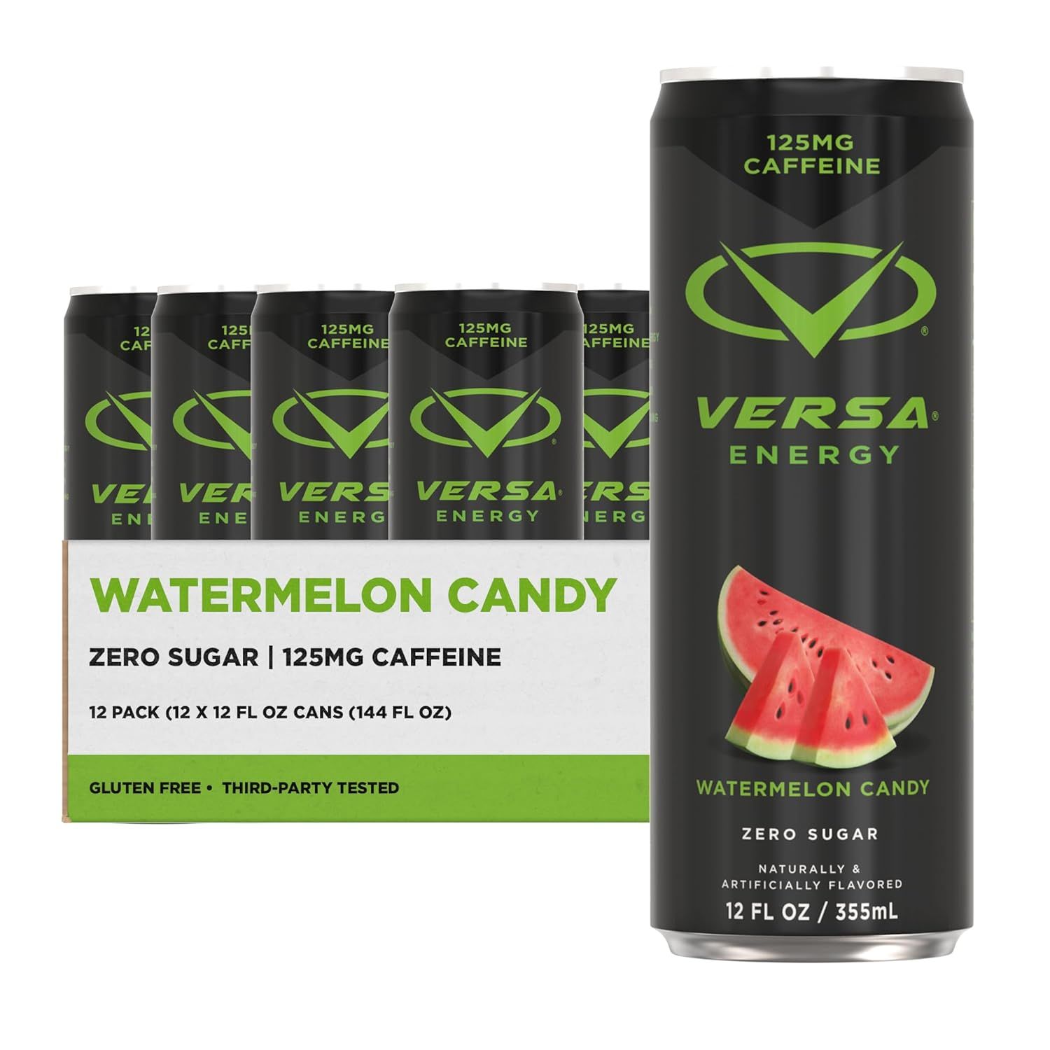 Shows the core sellable product - a 12-pack of Versa Energy drinks in Watermelon Candy flavor - with both the retail box and an individual can displayed to…
