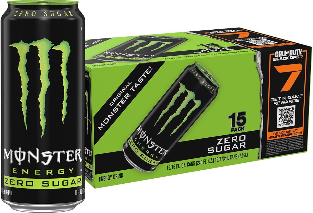 Shows the Monster Energy Zero Sugar product in both individual can and 15-pack format to communicate the purchase option and product branding clearly.…