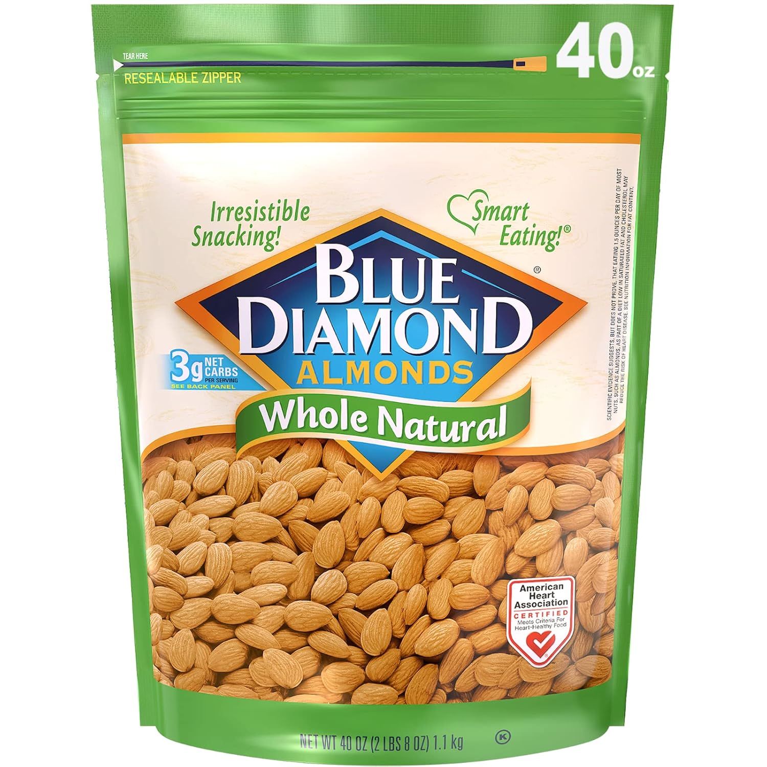Displays the core product—a large bag of Blue Diamond whole natural almonds—clearly showing the brand, product type, size, and key features like the…