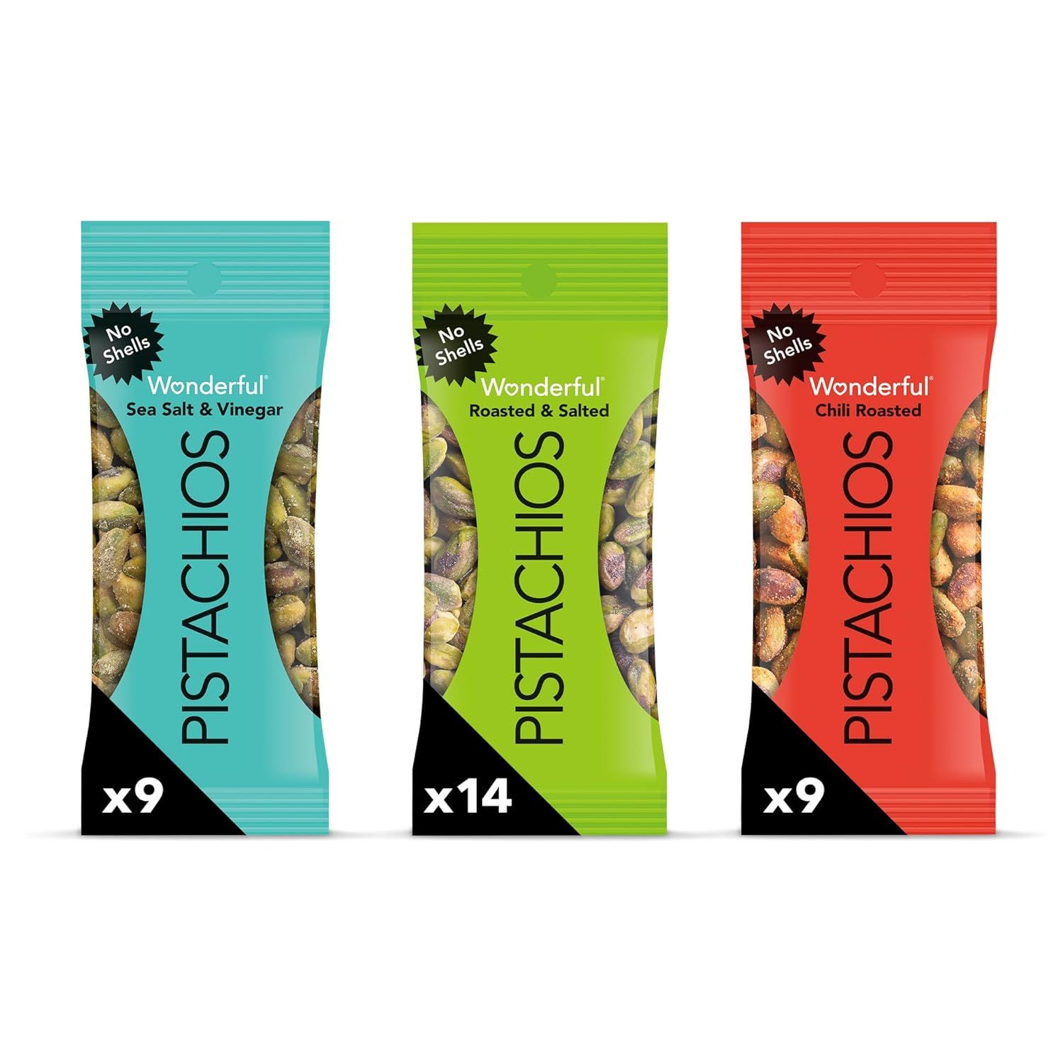 Shows the core product packages in three flavor variants to communicate the variety and convenience of the pistachio snack packs, emphasizing the no-shells benefit. Displays three distinct flavor…
