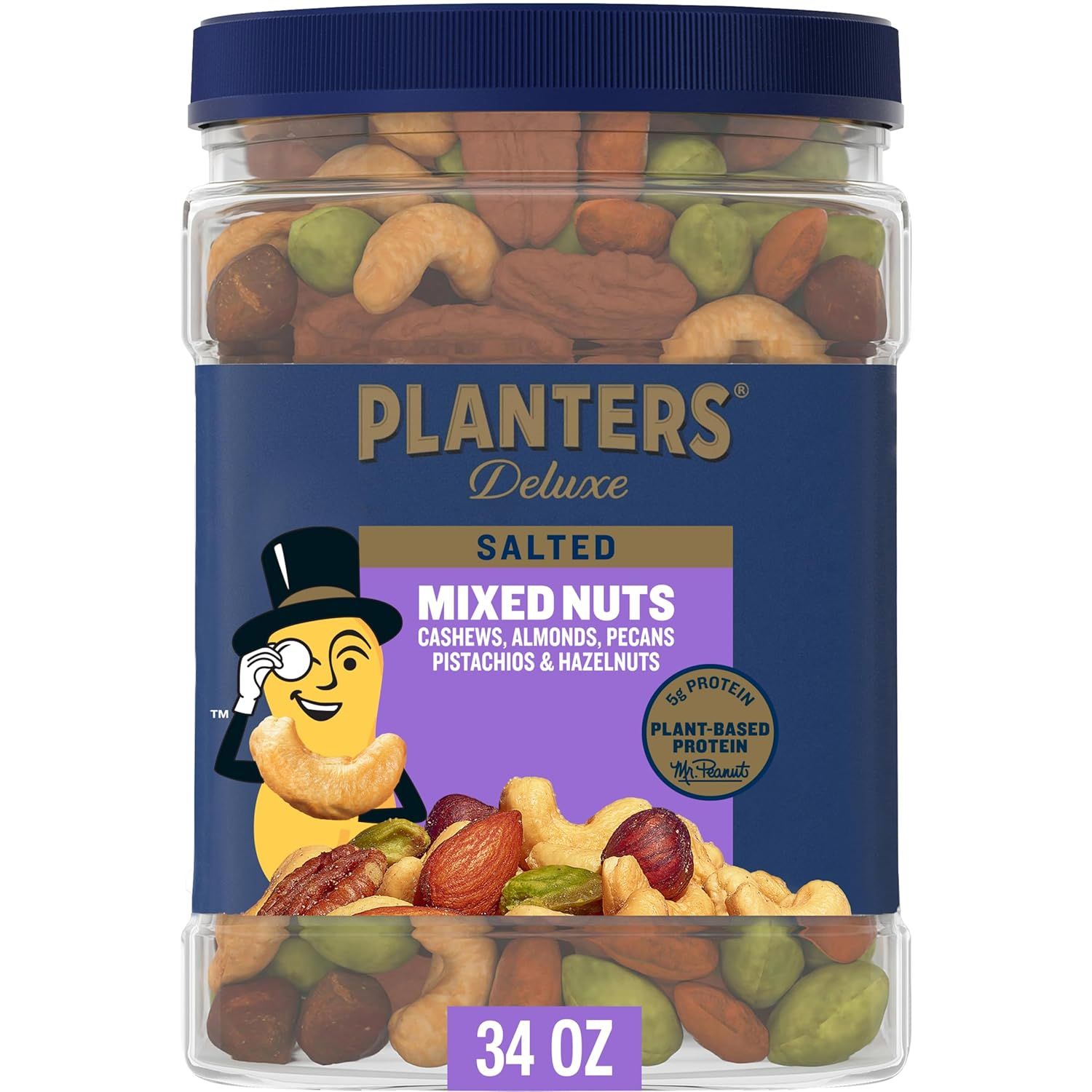 Shows the core sellable product—a jar of Planters Deluxe Salted Mixed Nuts—with clear visibility of the actual nuts inside the transparent container, allowing…
