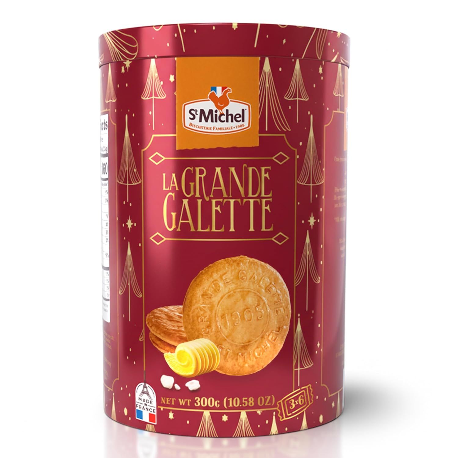 Displays the core product in its festive holiday tin packaging to communicate the premium gift-ready presentation and seasonal appeal of the butter cookies.…