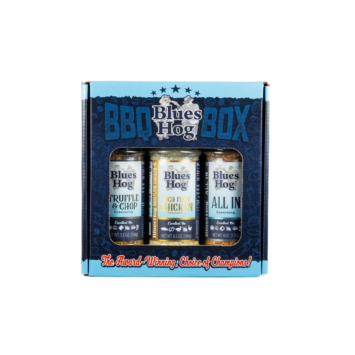 Displays the core product, a three-pack gift set of Blues Hog BBQ seasonings in their retail packaging, showing shoppers exactly what they will receive. Shows…