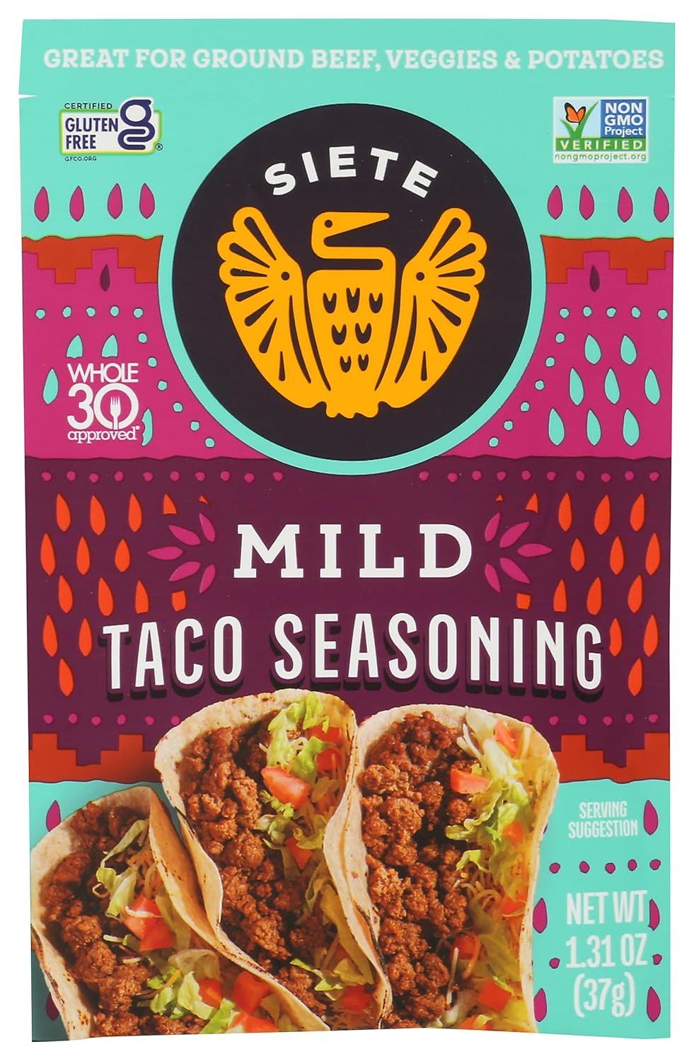 Shows the actual retail package the buyer will receive, displaying the brand logo, product name, certification badges, and prepared tacos to help shoppers…