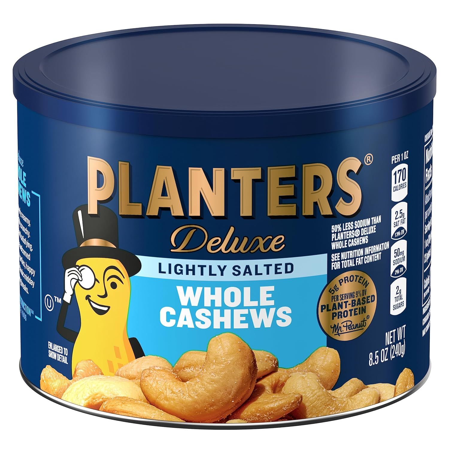 Displays the core product, a canister of Planters Deluxe Lightly Salted Whole Cashews, clearly showing the brand, product type, and key features to help shoppers identify what they are purchasing.…