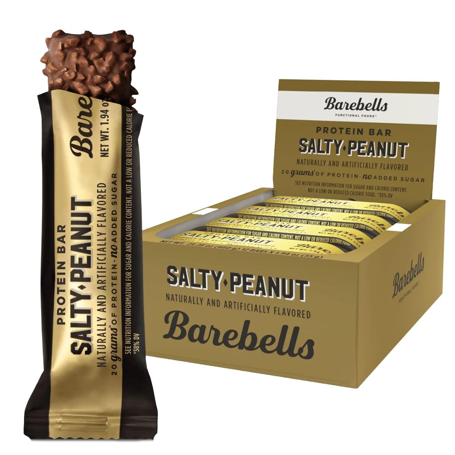Displays the core sellable product—a Barebells Salty Peanut protein bar—both individually and in its multi-pack box to show what the shopper will receive. Shows the retail packaging including the…
