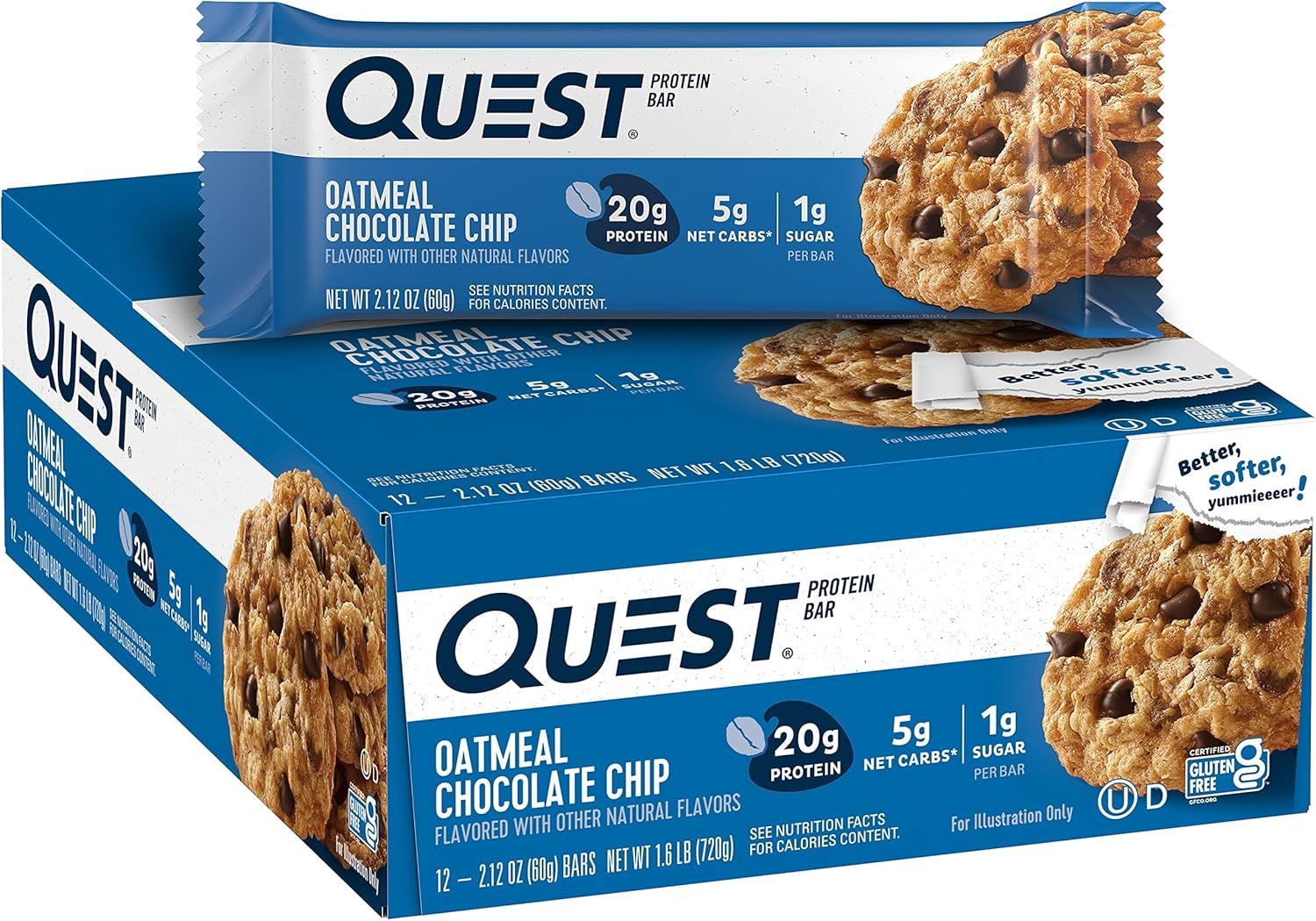 Shows the retail box and individual wrapped bars to communicate the product format, flavor, and nutritional benefits (20g protein, 5g net carbs, 1g sugar). Displays the physical packaging the buyer…