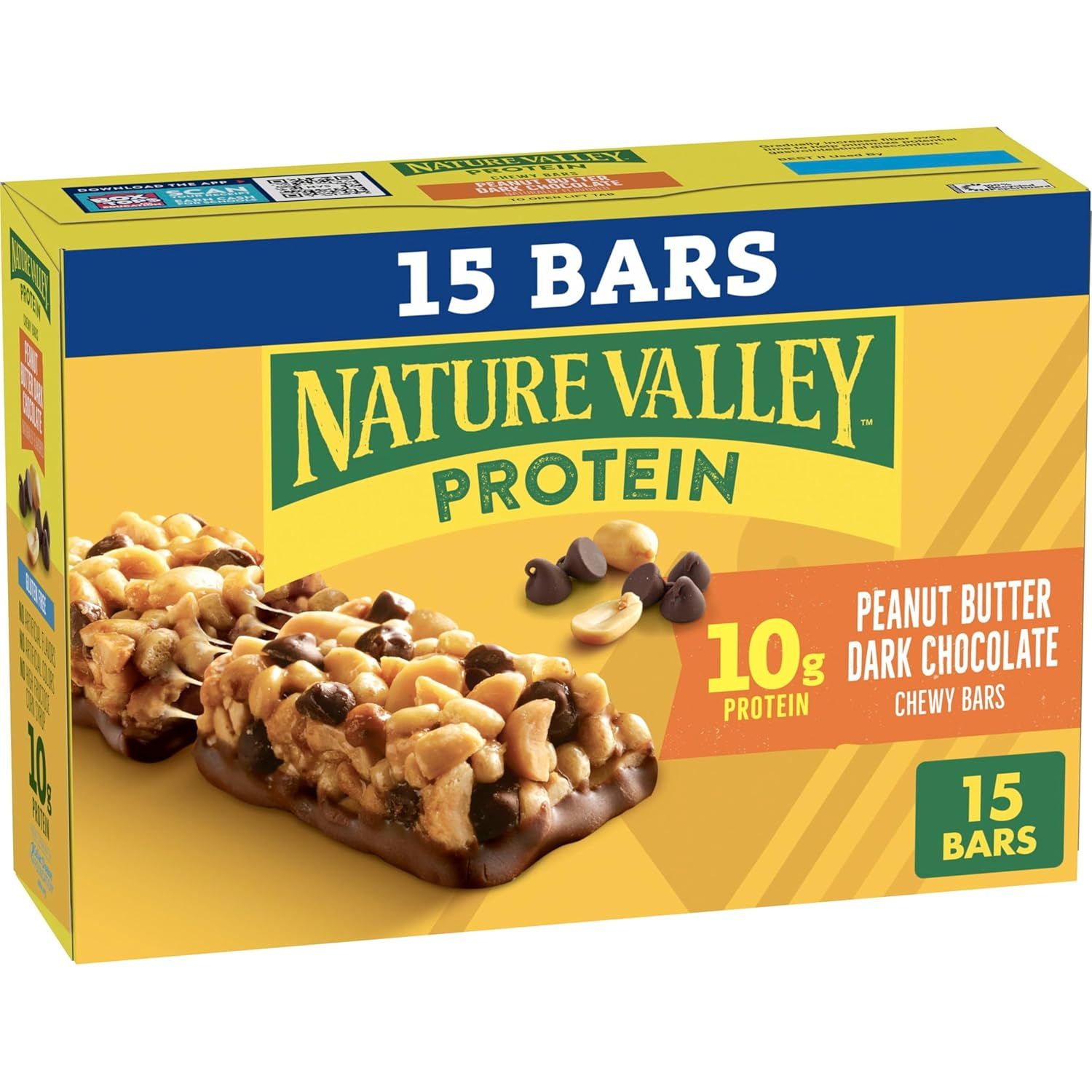 Shows the retail box of Nature Valley protein bars to communicate the brand, flavor, protein content, and quantity, helping shoppers identify the product and understand what they are purchasing.…