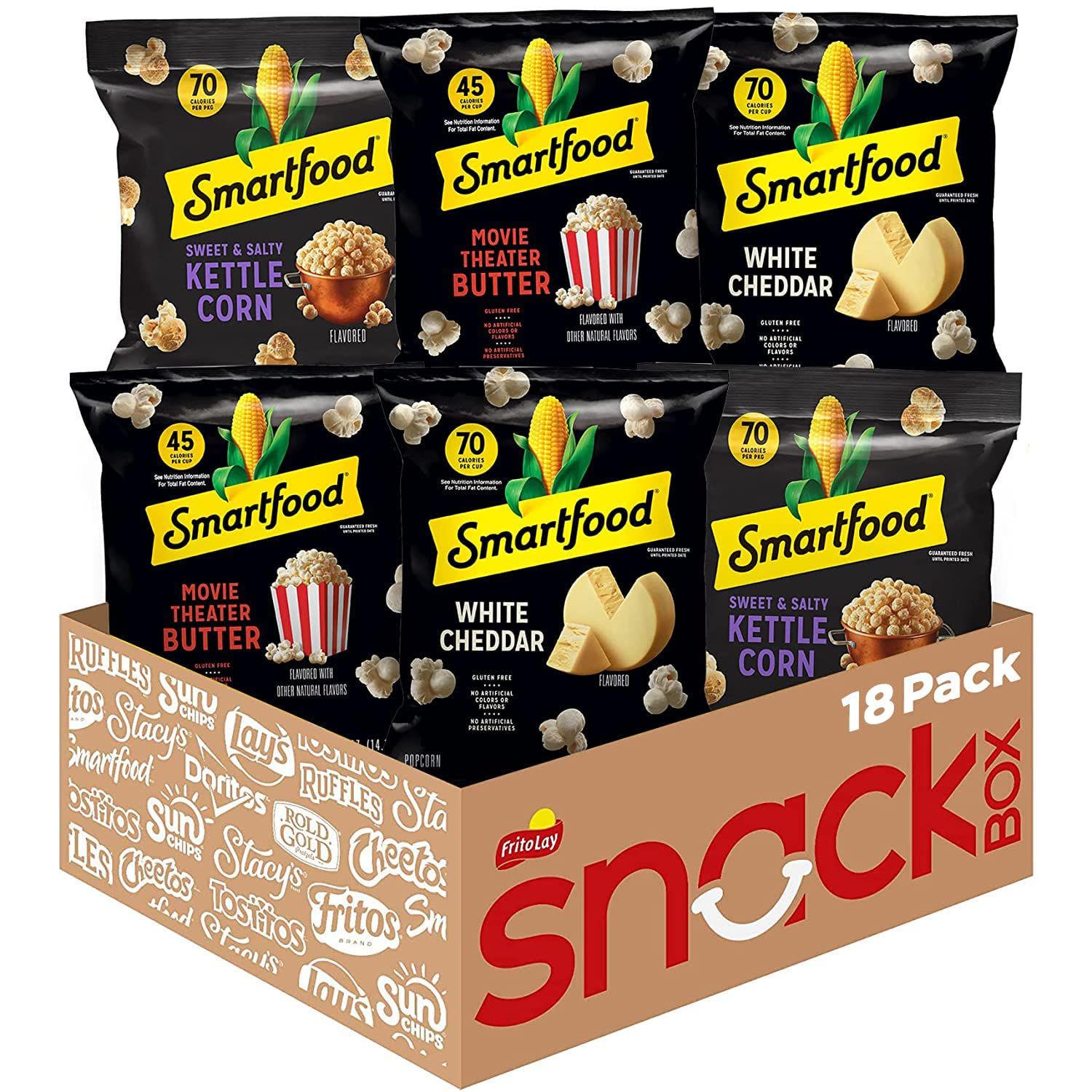 Shows the core sellable product—an 18-pack variety box of Smartfood popcorn in three flavors (Kettle Corn, Movie Theater Butter, White Cheddar)—to communicate the bundle contents and flavor variety…