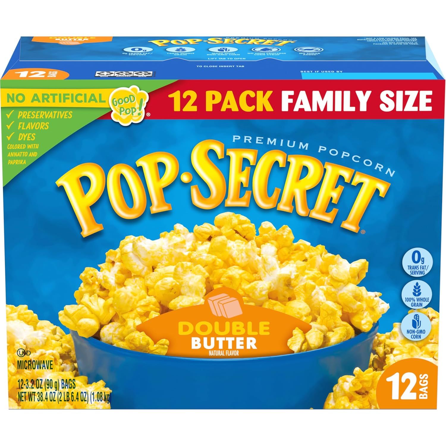 Displays the retail packaging of Pop Secret microwave popcorn to show shoppers exactly what they will receive, emphasizing the family size quantity and double…