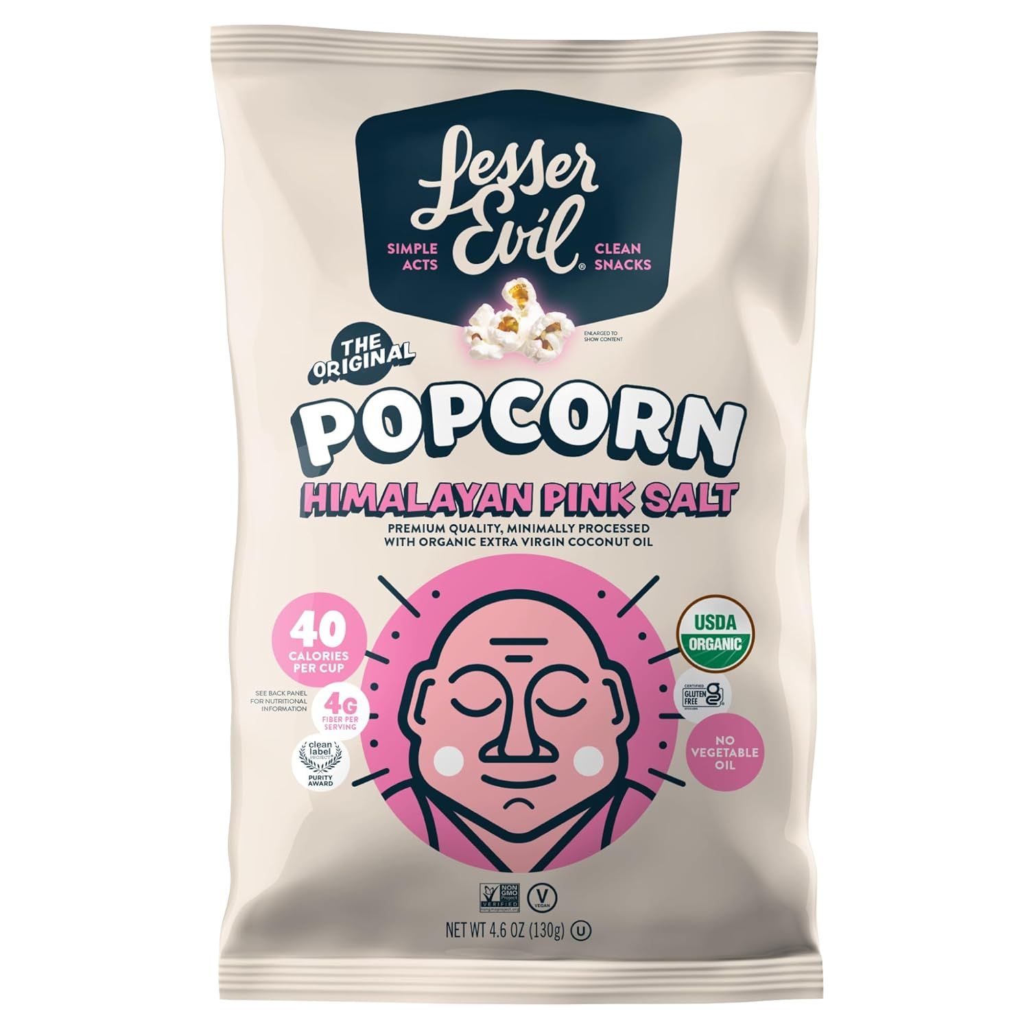 Shows the actual retail package the shopper will receive, displaying brand name, flavor, and key product attributes like organic certification and calorie…