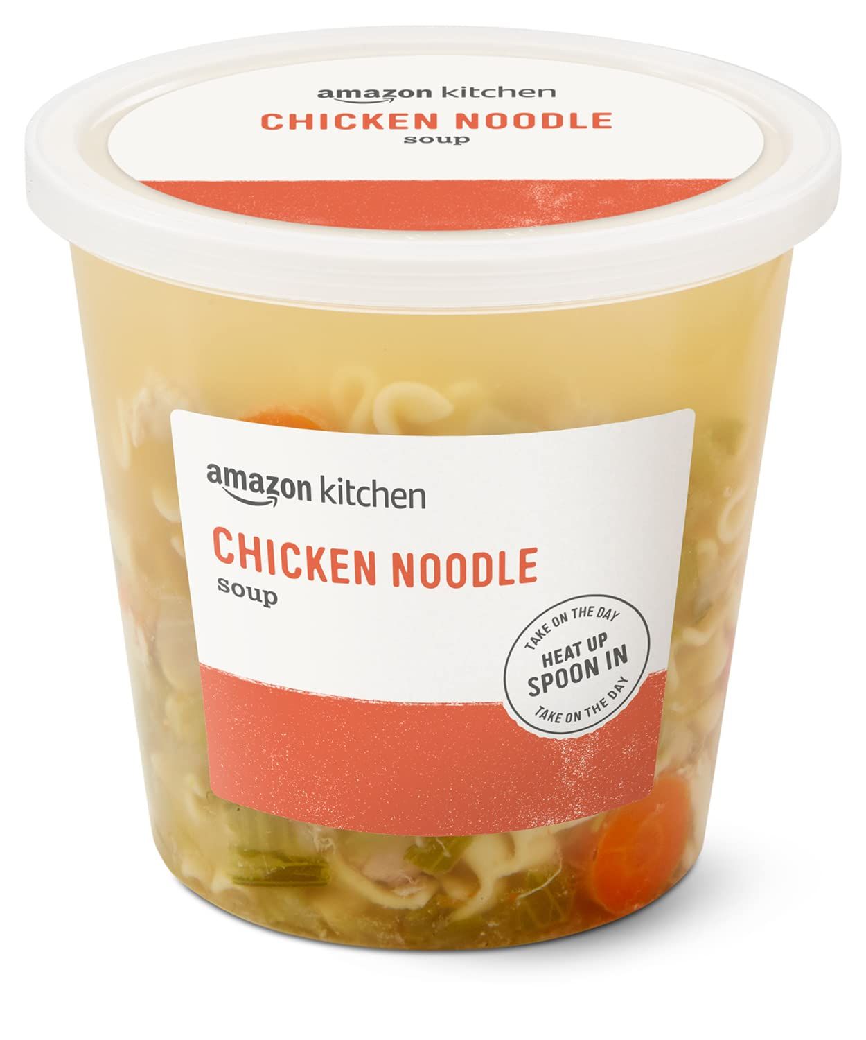 Shows the core product clearly with visible contents through the container to communicate freshness and quality of the chicken noodle soup. Displays the…