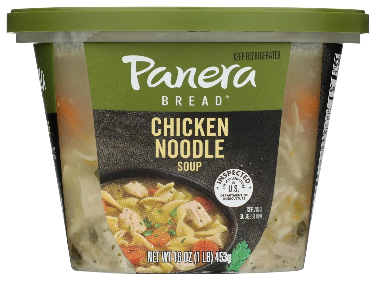 Shows the core sellable product, a Panera Bread Chicken Noodle Soup container, clearly displaying the brand, product name, and serving suggestion to help…