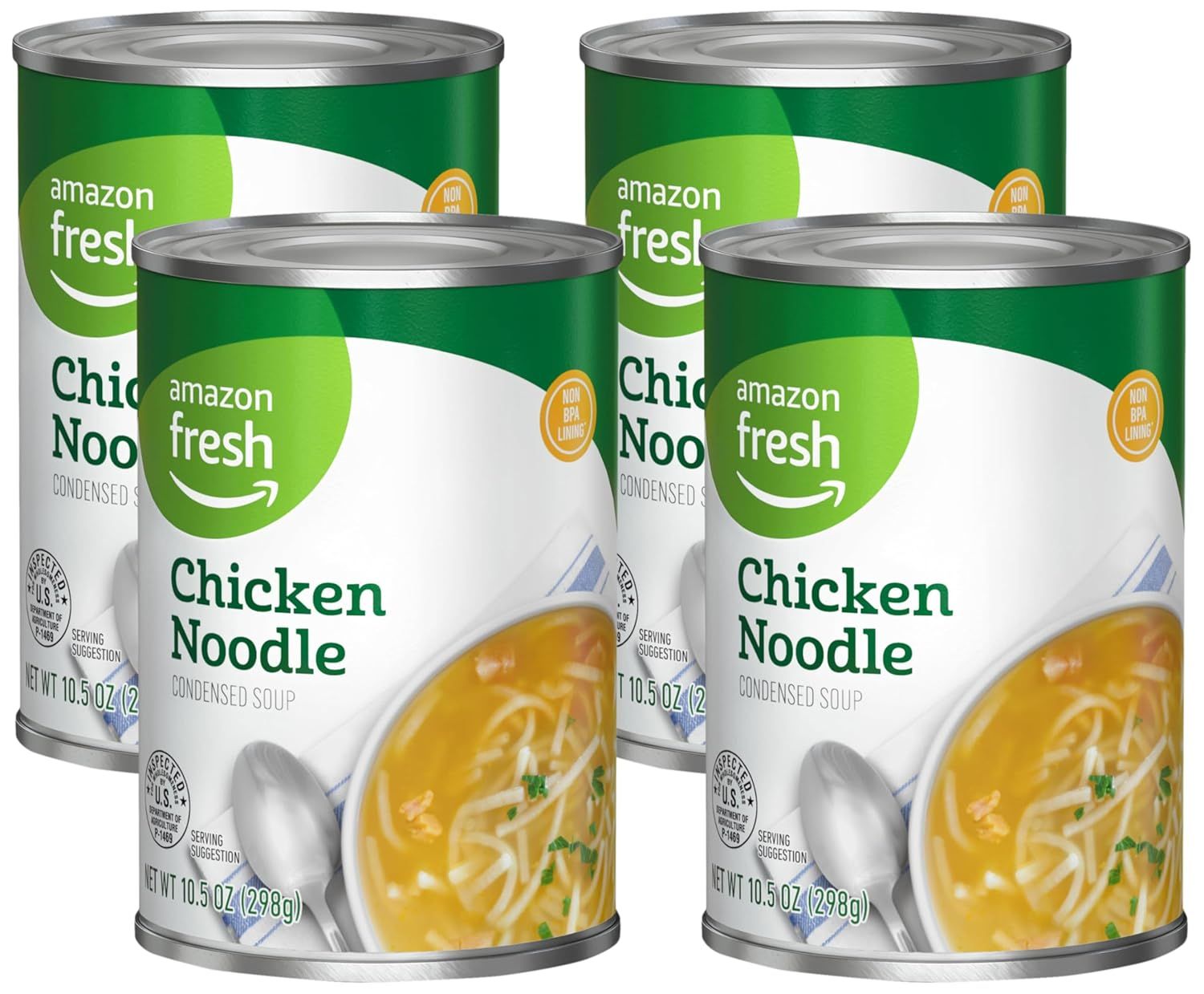 Shows the core sellable product, a 4-pack of Amazon Fresh Chicken Noodle Condensed Soup cans, clearly displaying the brand, product name, and packaging to…