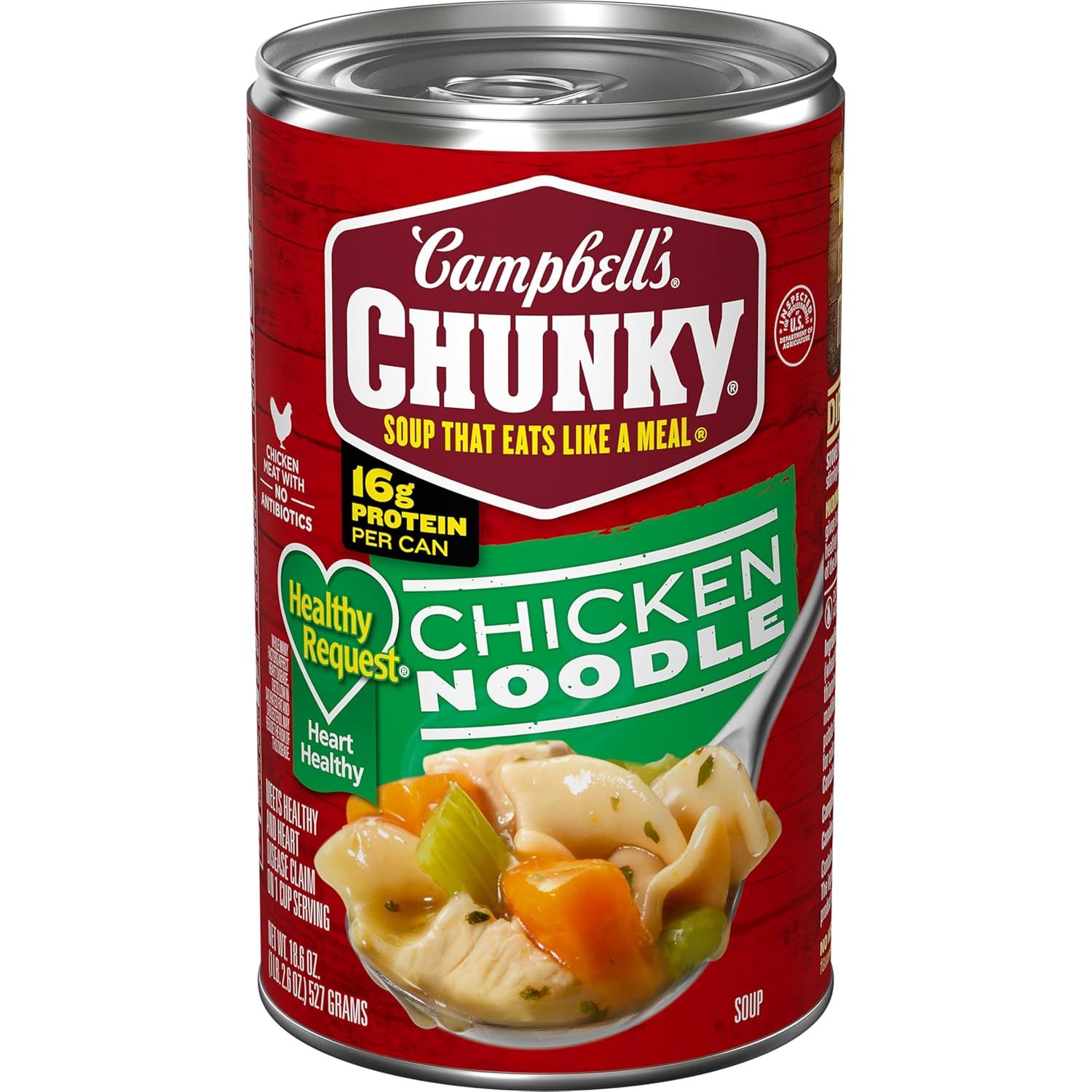 Shows the Campbell's Chunky Chicken Noodle soup can as the core sellable product, highlighting its hearty meal-like quality and 16g protein content to…