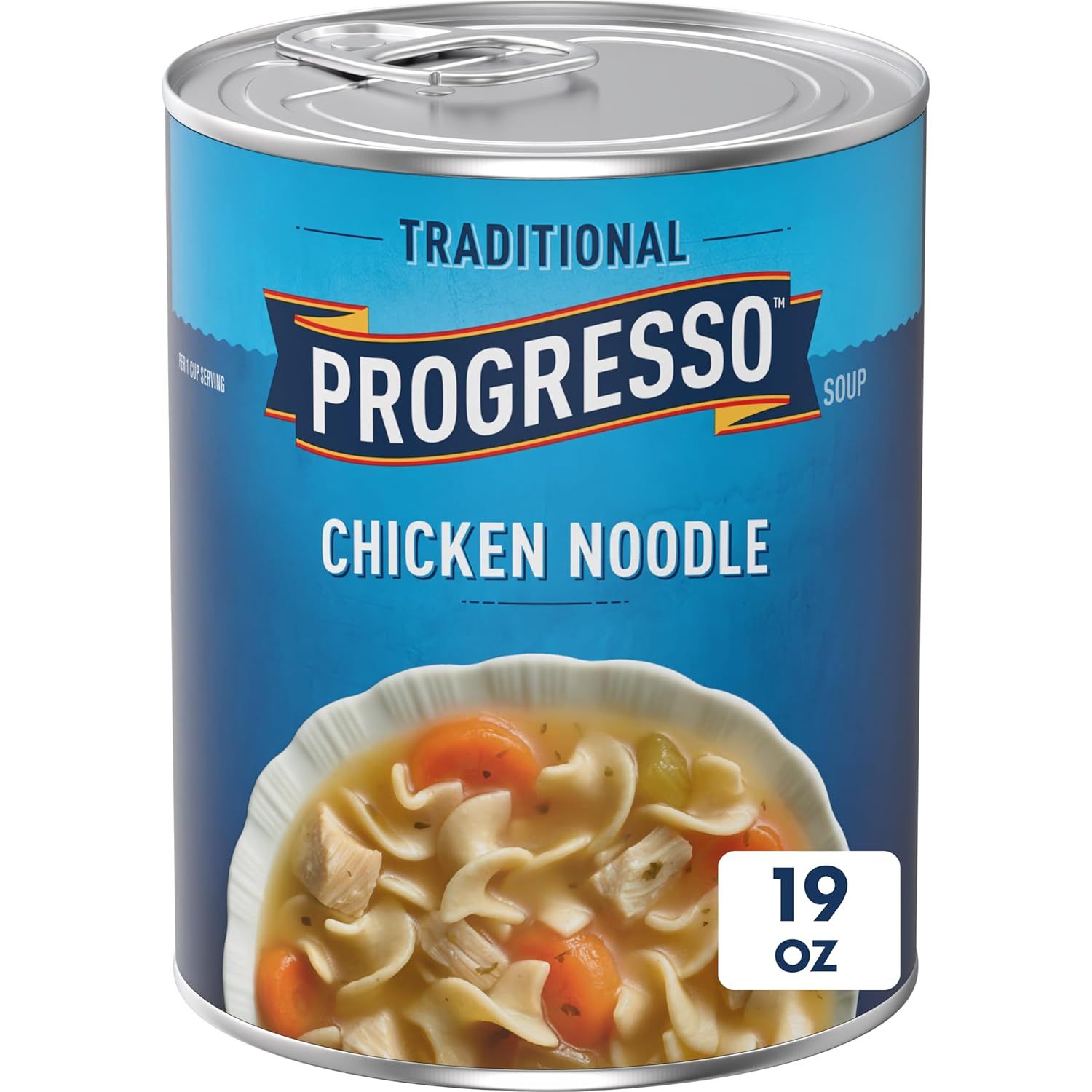 Displays the core product, a can of Progresso Traditional Chicken Noodle Soup, clearly showing the brand, flavor, and size to help shoppers identify and…