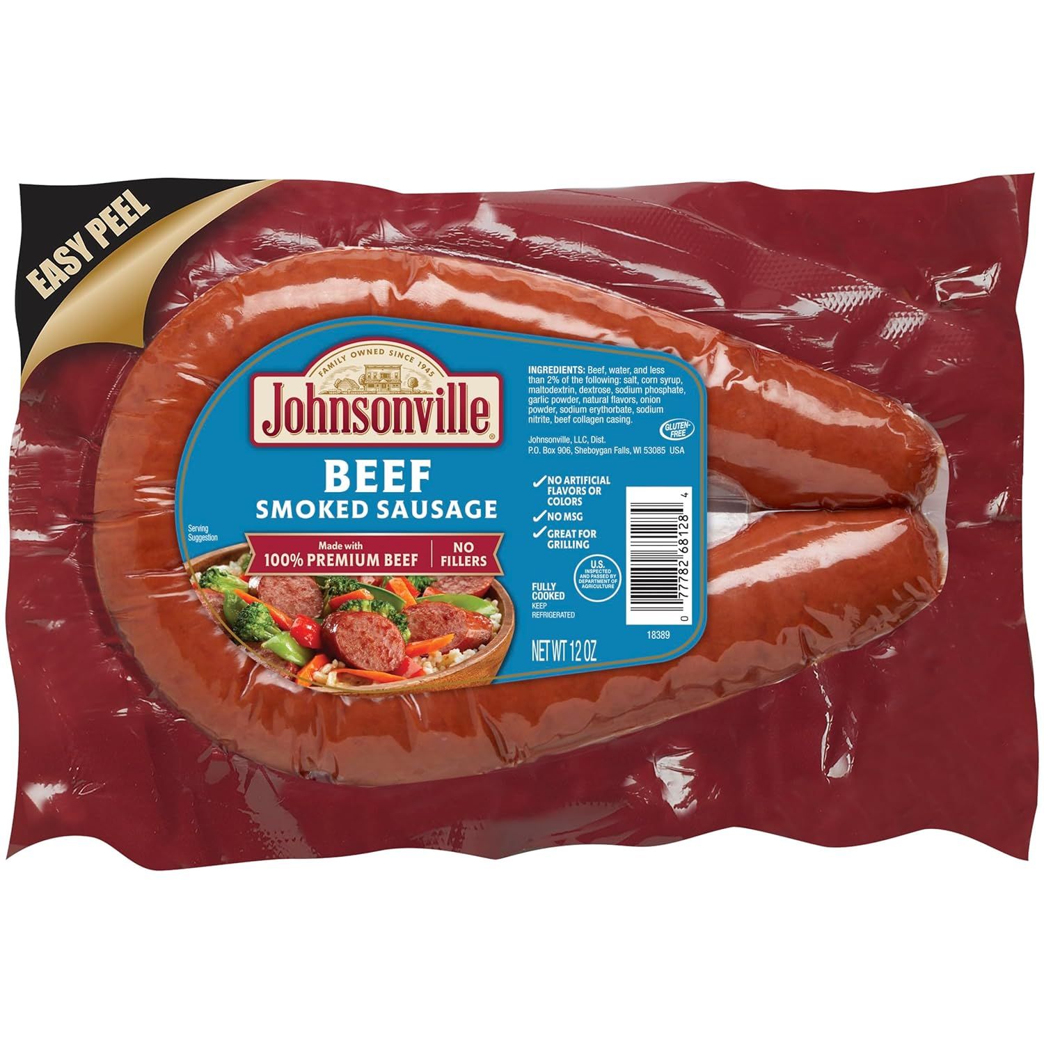 Displays the core product in its retail packaging to show shoppers exactly what they will receive, emphasizing the easy-peel feature and premium beef sausage.…