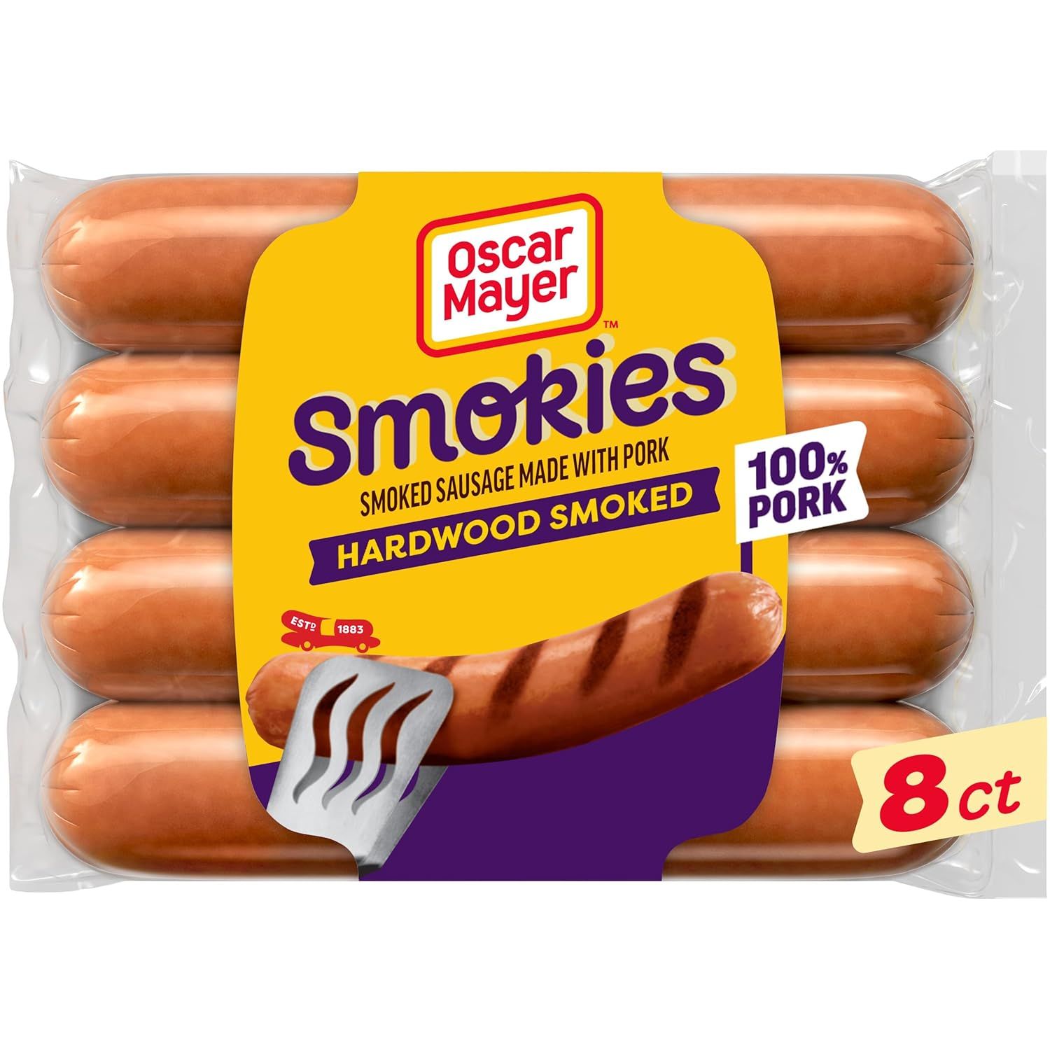 Shows the core product, an 8-count package of Oscar Mayer Smokies hardwood smoked sausages, clearly visible through the packaging to communicate what the…