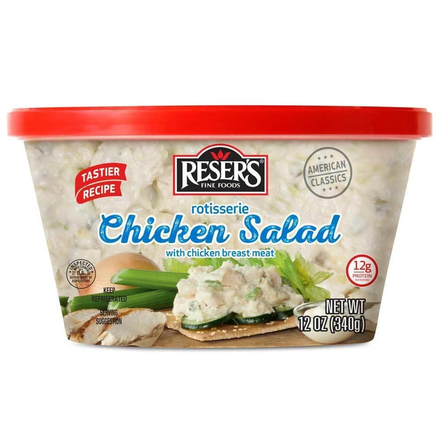 Displays the core sellable product clearly showing the Reser's rotisserie chicken salad container with visible product through the packaging and serving…