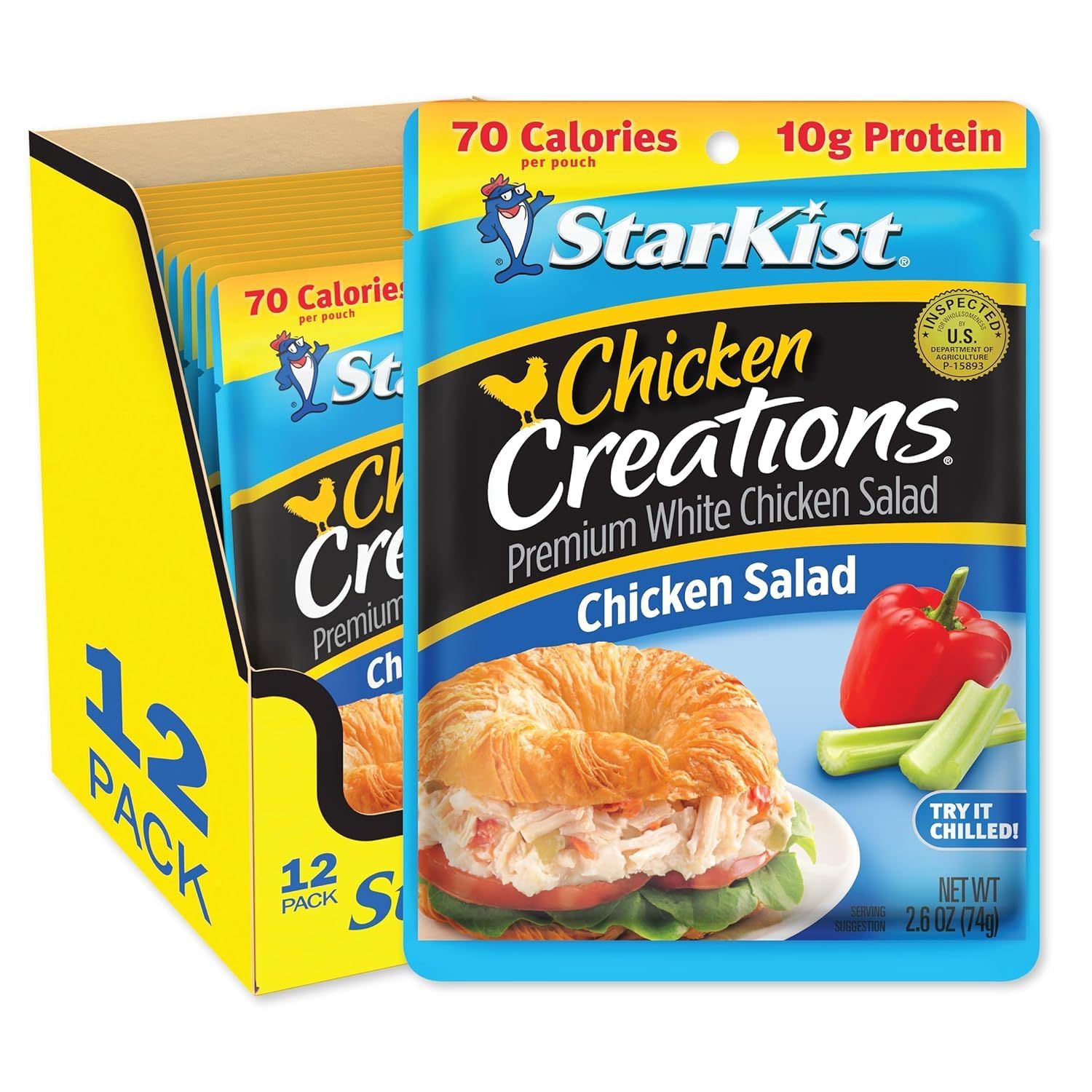 Shows the core sellable product, a 12-pack of StarKist Chicken Creations chicken salad pouches, clearly displaying both the individual pouch and the…