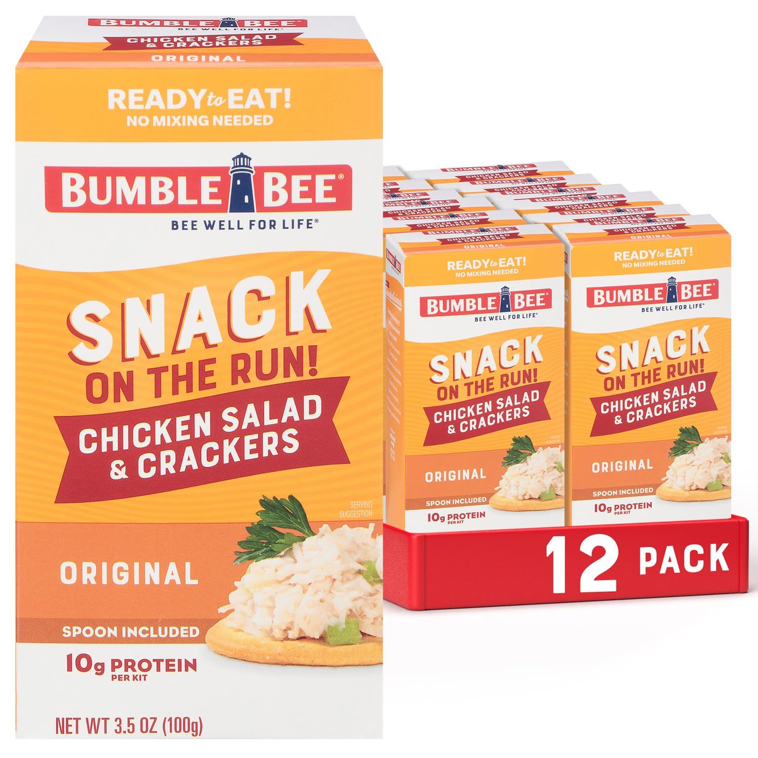 Shows the core product as a 12-pack of Bumble Bee chicken salad snack kits, communicating the quantity and convenience of the ready-to-eat format. Displays…