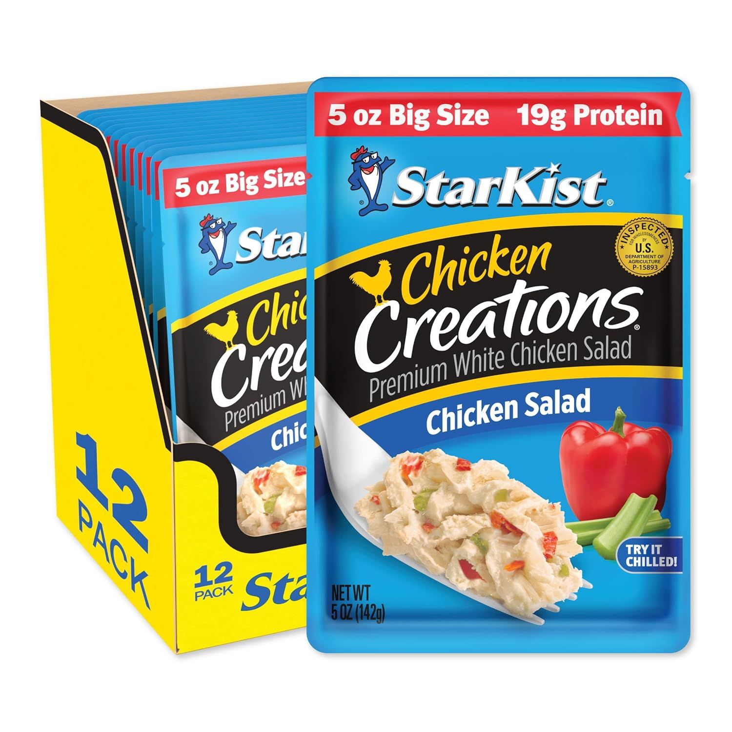 Shows the core sellable product, a 12-pack of StarKist Chicken Creations chicken salad pouches, highlighting the big size, high protein content, and premium…