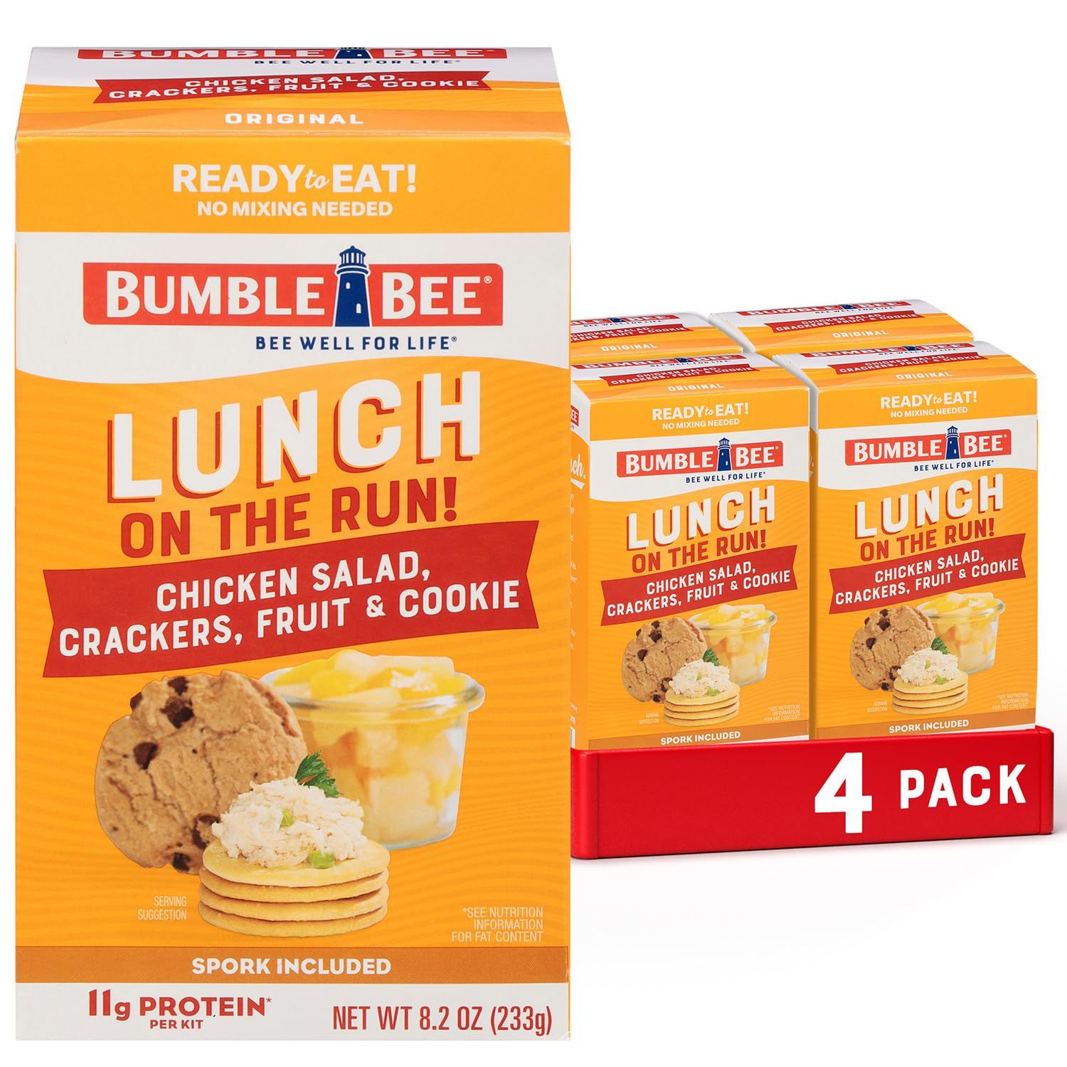 Shows the core sellable product—a 4-pack of Bumble Bee lunch kits—clearly displaying the packaging and contents to help shoppers understand what they are…