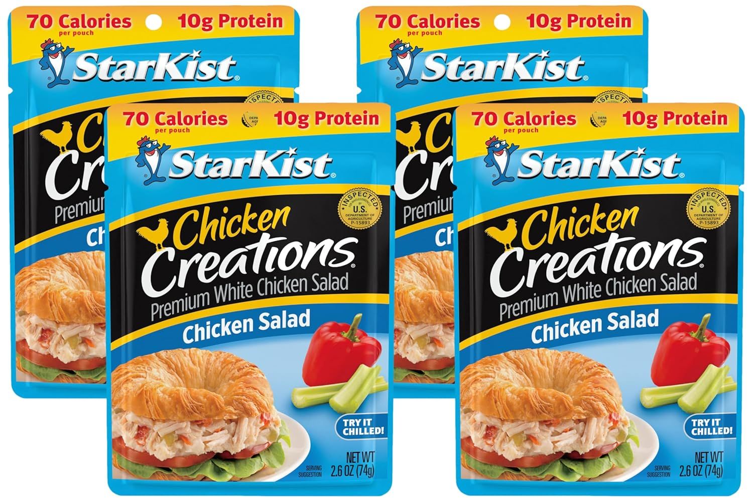 Shows the StarKist Chicken Creations product packaging in a multi-pack format to communicate what the shopper will receive and help them identify the product…