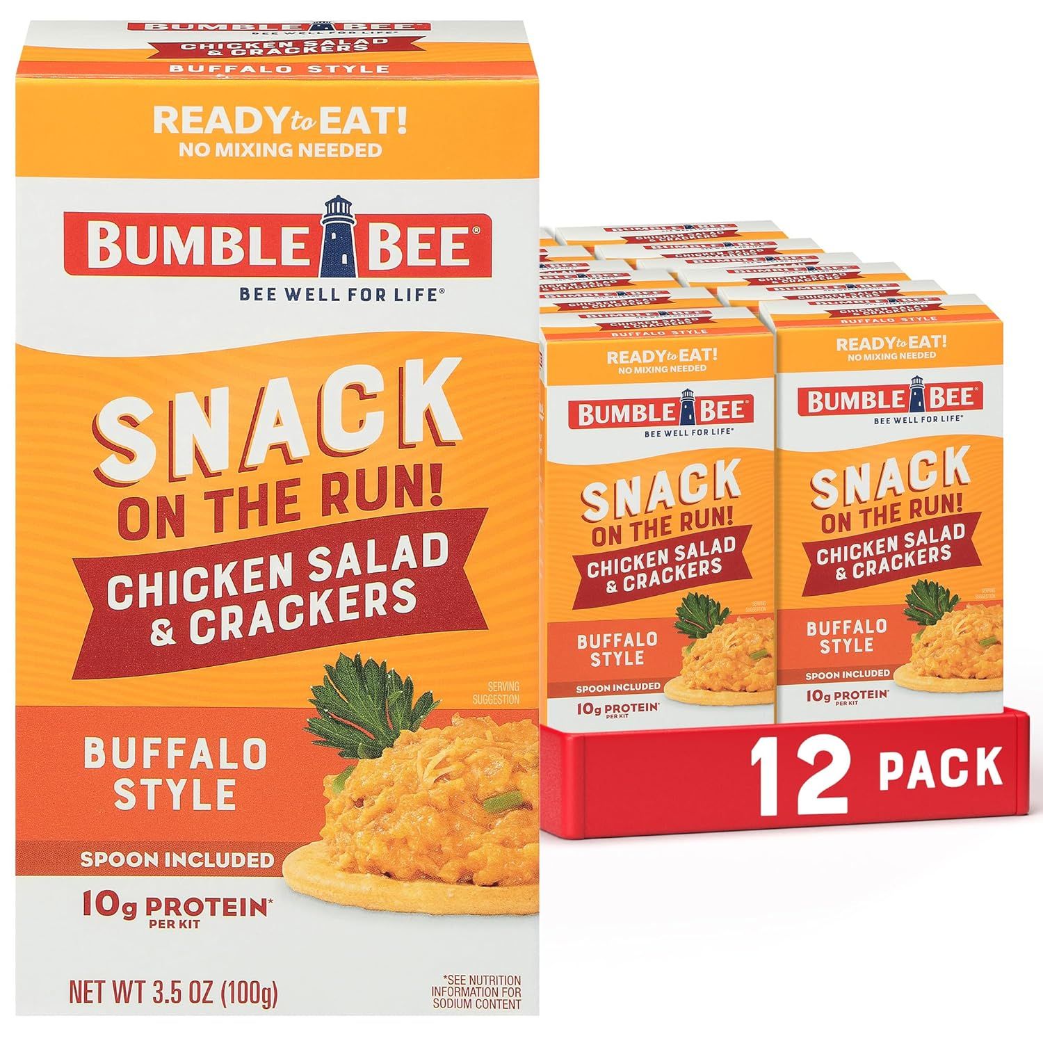 Shows the core product—a 12-pack of Bumble Bee chicken salad snack kits—clearly displayed with individual packaging visible to communicate the multi-pack…