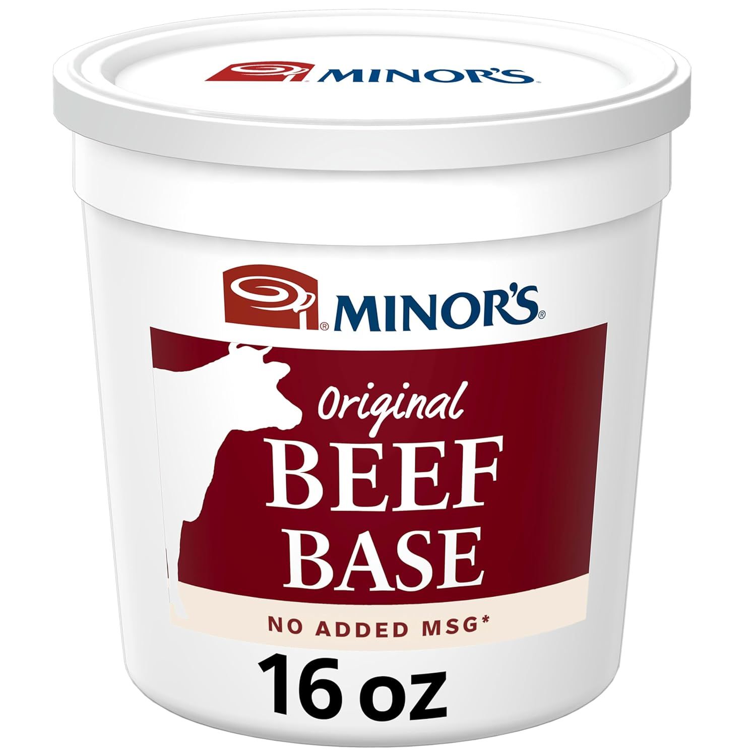 Shows the core sellable product, a 16oz container of Minor's Original Beef Base, clearly displaying the brand, product type, and key feature (no added MSG) to…