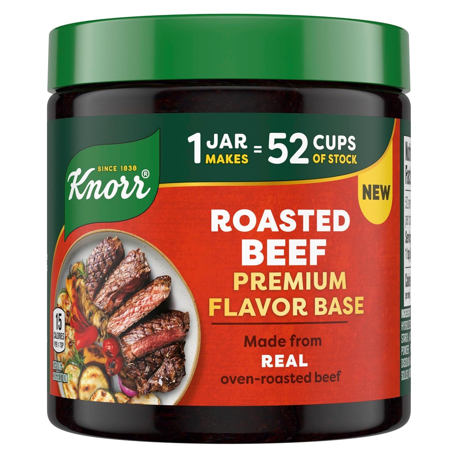 Displays the Knorr roasted beef flavor base jar to show shoppers the product packaging, brand, and key selling points including that it makes 52 cups of stock…