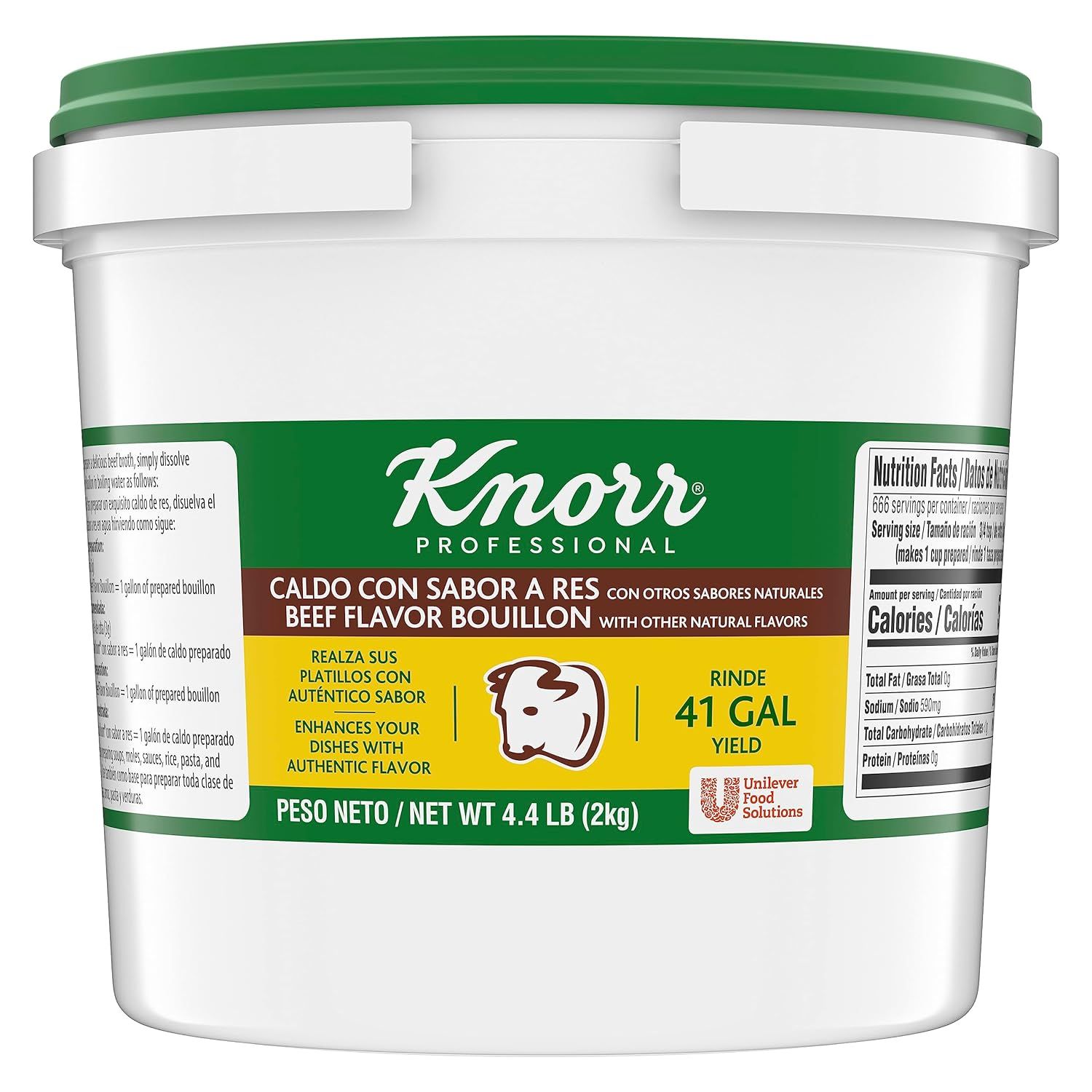 Shows the core sellable product, a large commercial-sized Knorr Professional beef bouillon container, clearly displaying the brand, product type, yield, and…