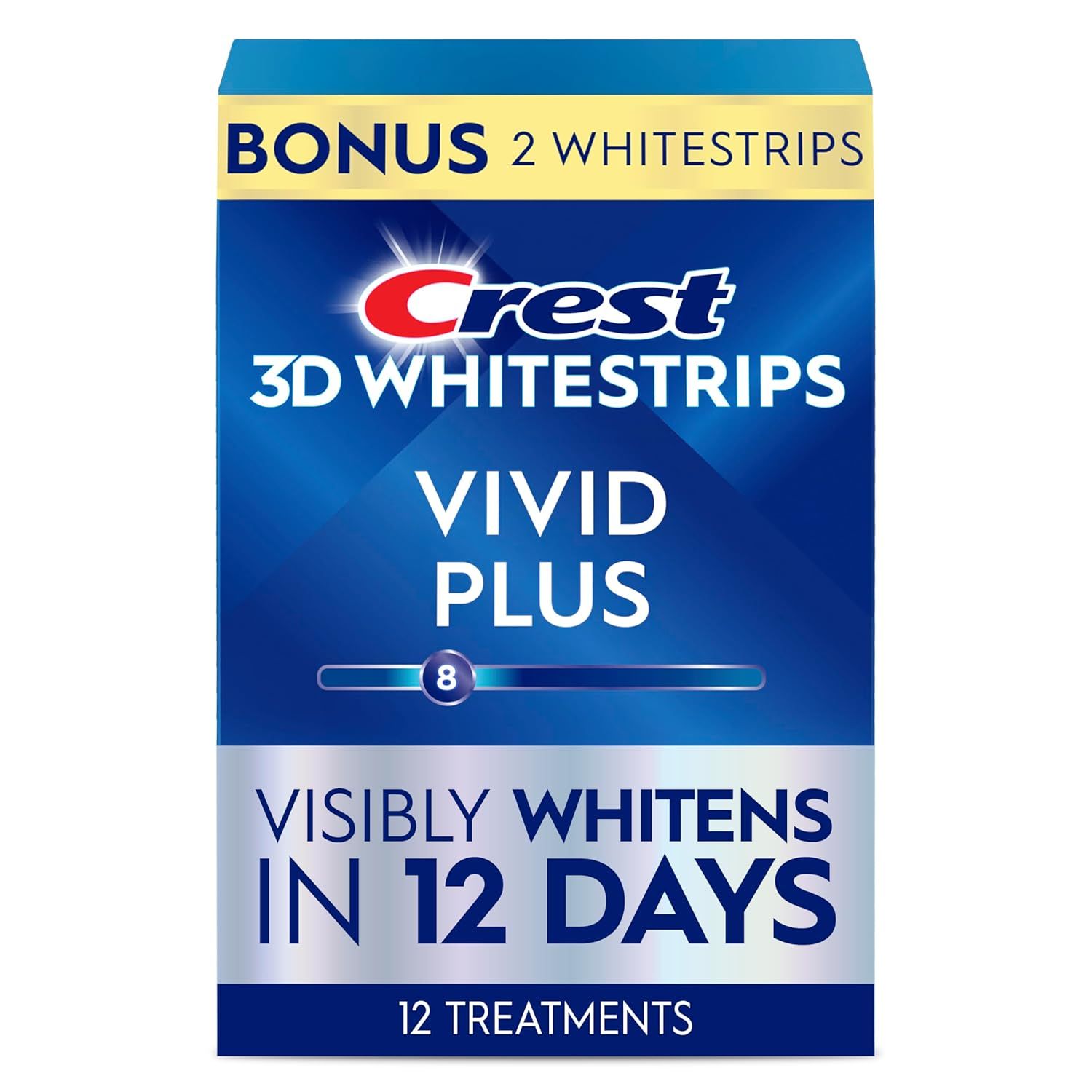 Shows the retail packaging to communicate the product name, bonus value, whitening promise, and quantity to help shoppers understand what they are purchasing. Uses visual embellishments like the…