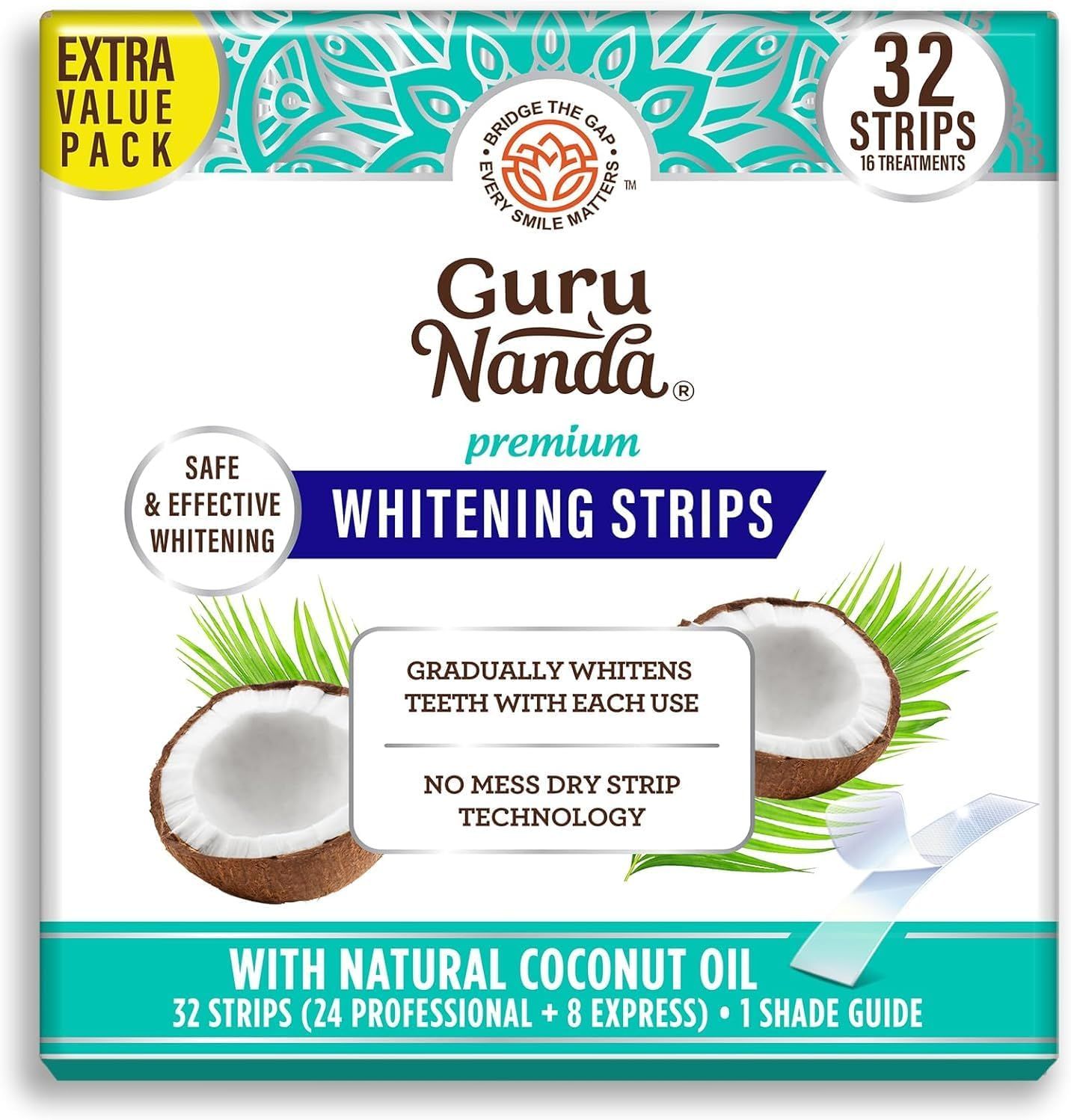 Shows the retail packaging to communicate the product quantity (32 strips, 16 treatments), value proposition (extra value pack), and key ingredient (natural coconut oil) to help shoppers understand…