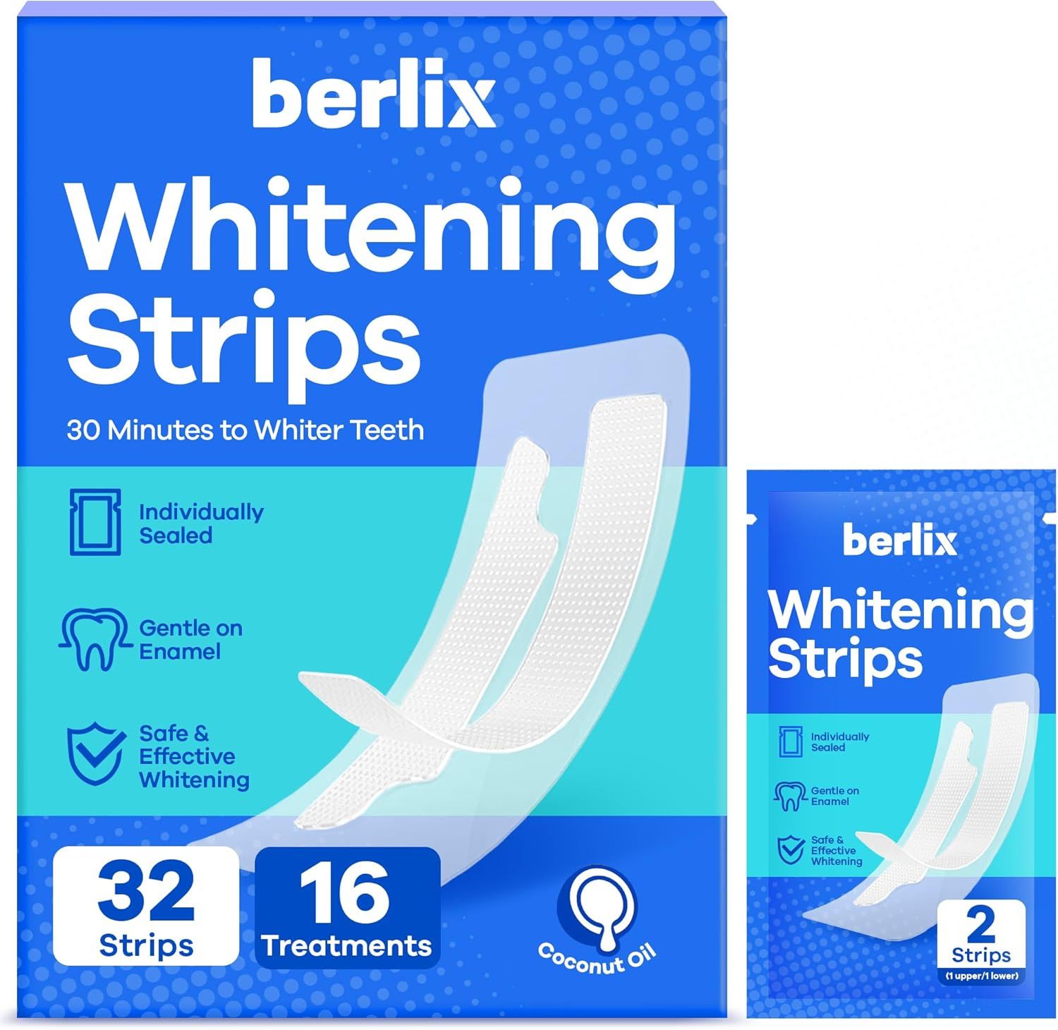 Shows the retail packaging of whitening strips to communicate the product identity, key features like individually sealed strips and gentle enamel-safe formula, and quantity information to help…