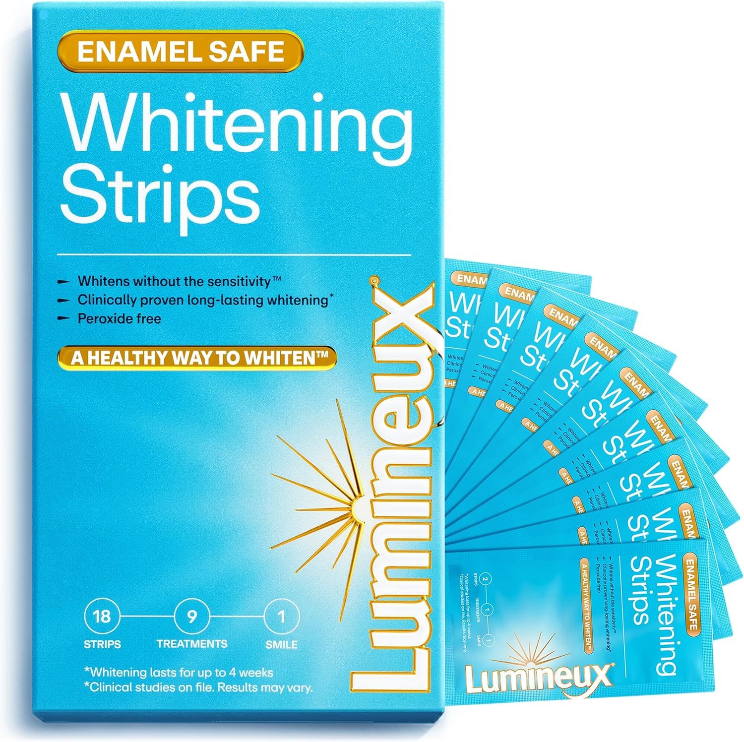 Shows the complete product package and individual whitening strips to communicate what the shopper will receive, emphasizing the enamel-safe, peroxide-free whitening solution. Displays the retail…