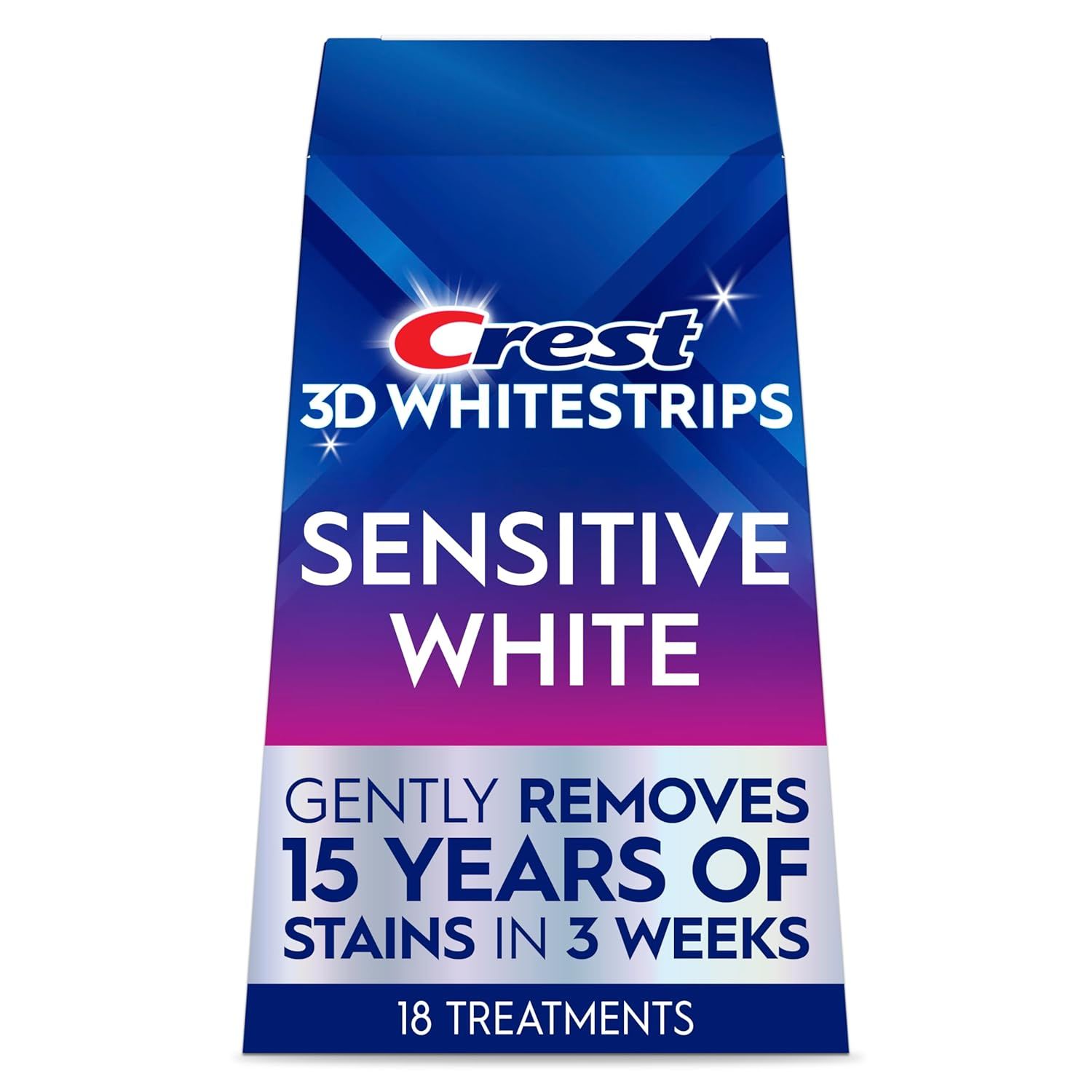Shows the retail box the buyer will receive, communicating the Crest 3D Whitestrips product name, variant (Sensitive White), and key benefit (removes 15 years of stains in 3 weeks) to help shoppers…