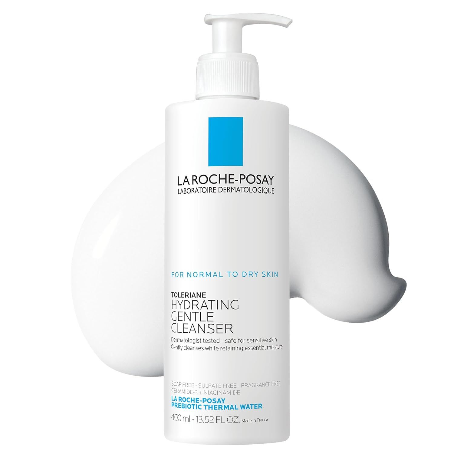 Displays the La Roche-Posay cleanser bottle clearly with its pump dispenser and product labeling to show shoppers exactly what they will receive, emphasizing the hydrating and gentle cleansing…